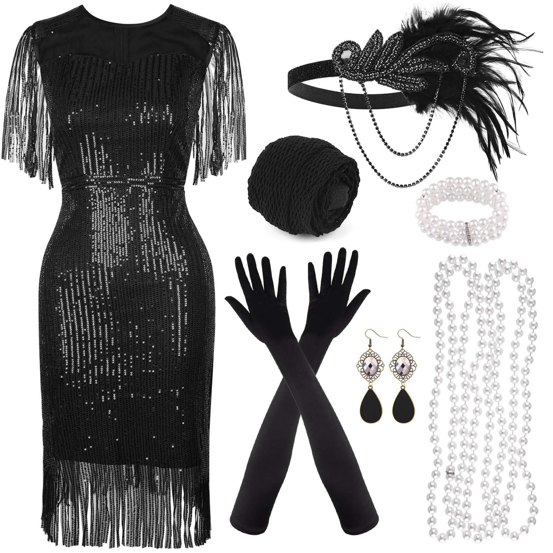 1920s Flapper Sequin Beaded Fringe Dress with Accessories Set V Neck Gatsby Outfit - Black XL