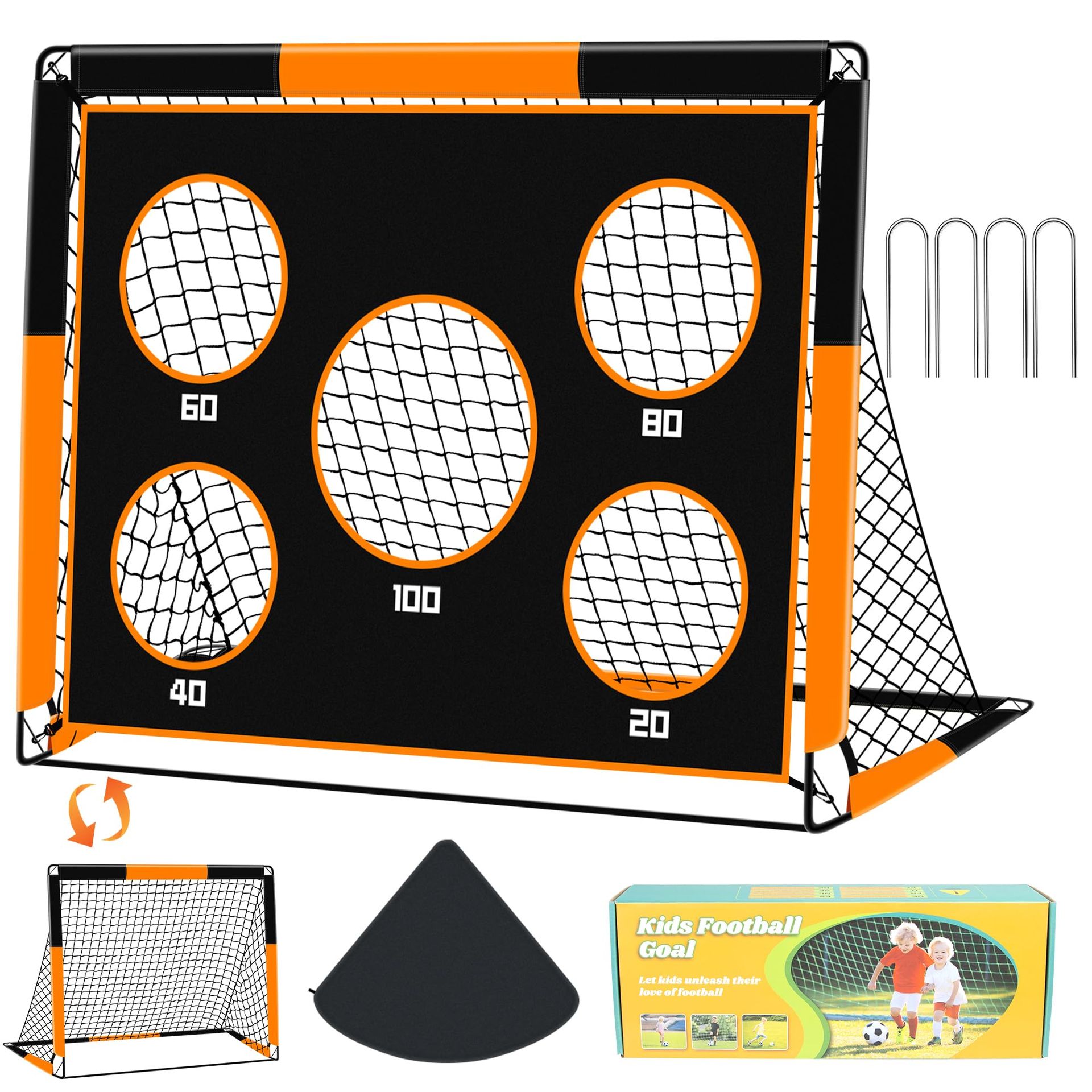 2-in-1 Football Goal for Kids Portable Soccer Training Net with 5 Target Zones, Foldable Design & Carry Bag - Orange 120x90x90cm