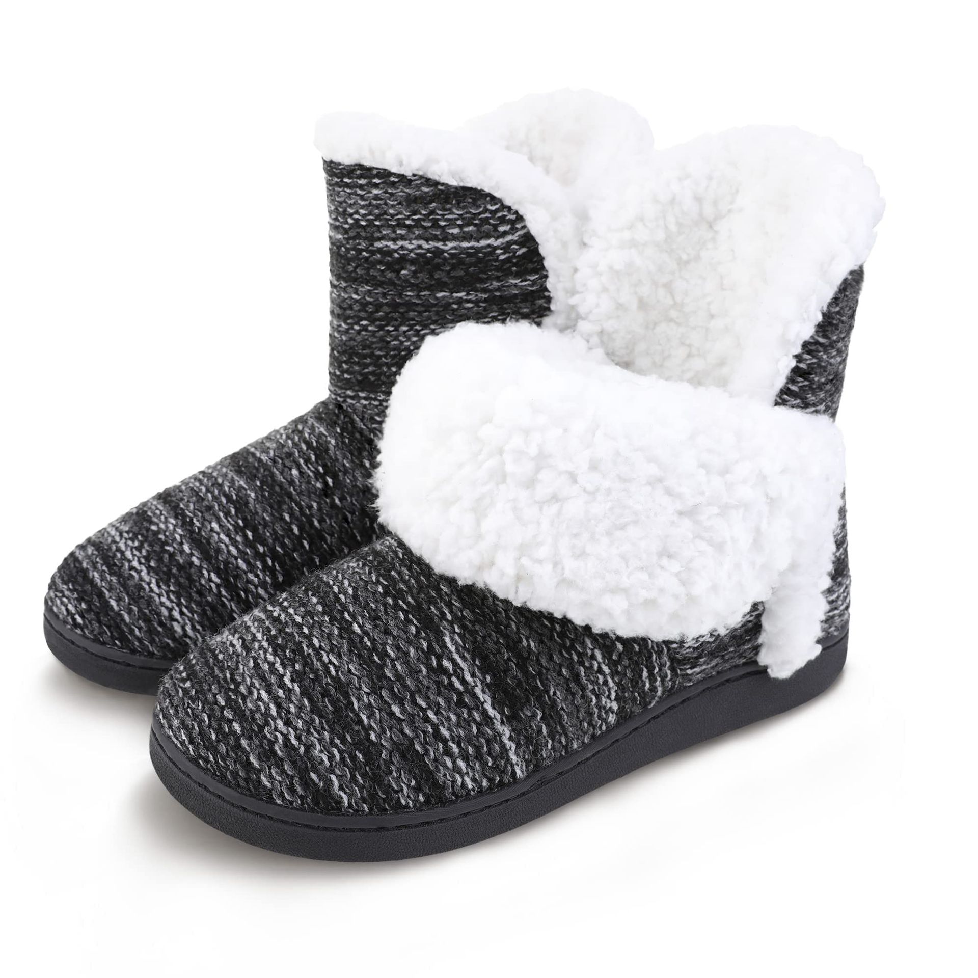 MIXIN Womens Knitted Slipper Boots Warm Fleece Lined Cosy Soft Booties for Ladies Black 9 10