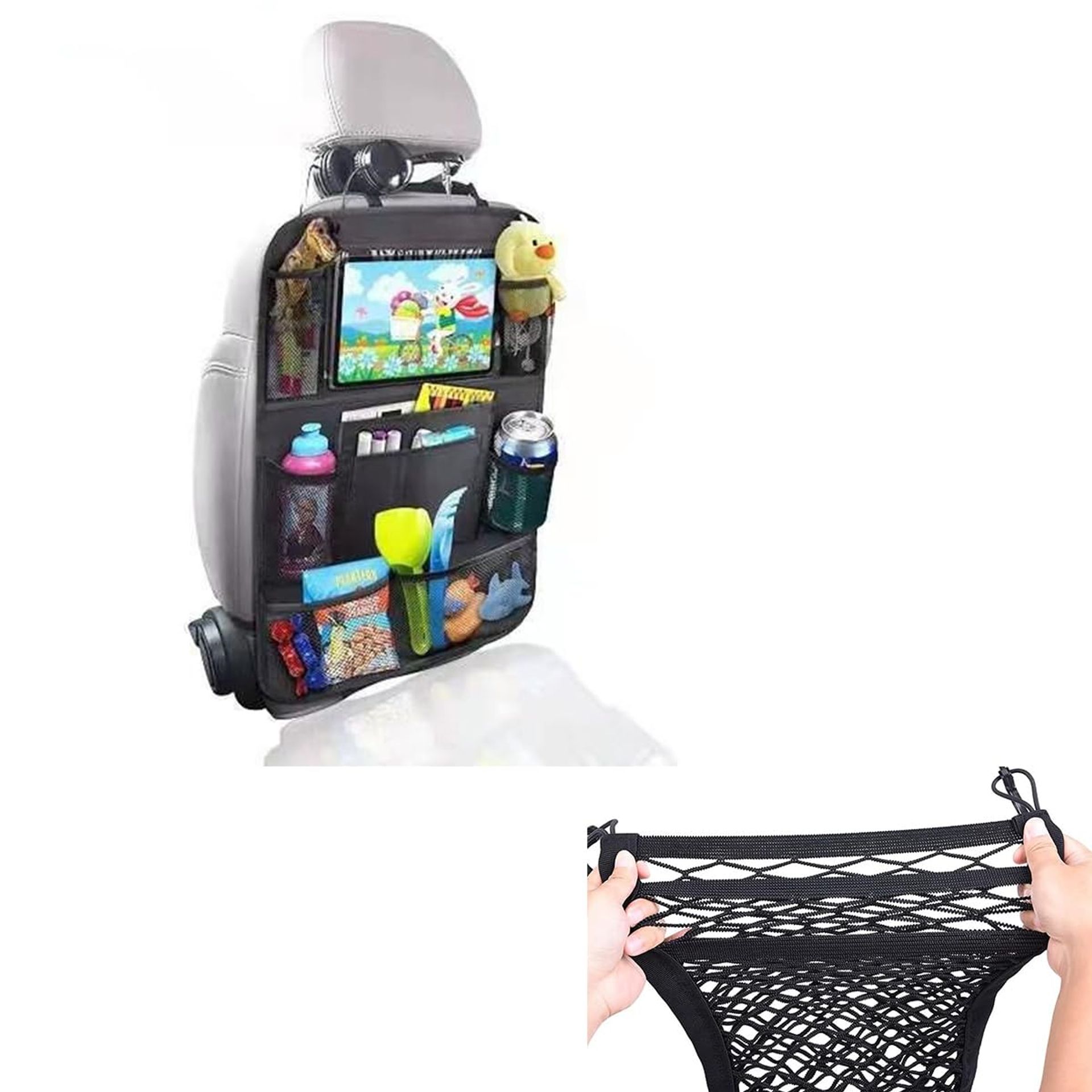 2 Pack Car Seat Organiser with Car Seat Centre Storage Mesh Set, Car Organiser Back Seat for Kids, Car Storage Net, Storage Network of Car Seat for Travel, Parents Drivers, Kids Toys Food Storage