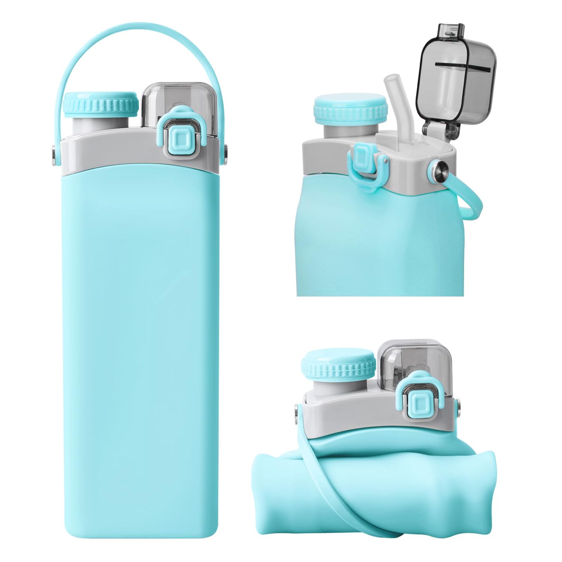 600ml Blue Nefeeko Collapsible Water Bottle with Straw & Strap - Leakproof & BPA Free