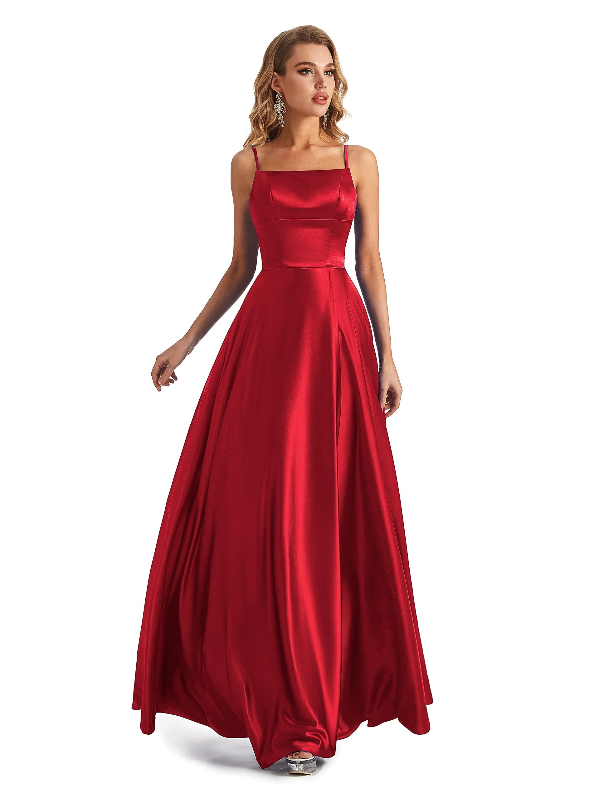 Women's Satin Spaghetti Strap Prom Dress Elegant Evening Gown - Red Size 14