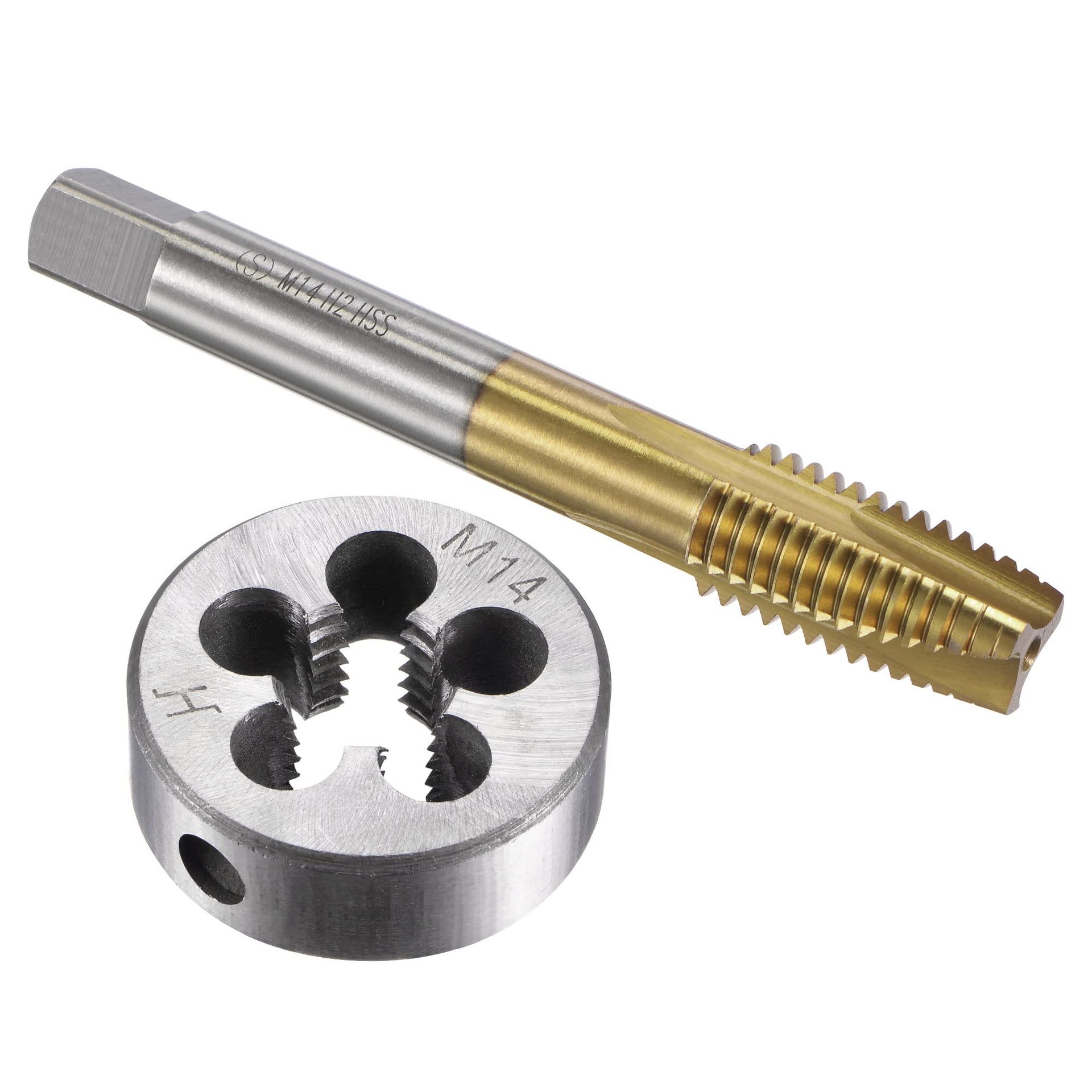 sourcing map Tap and Die Set Metric M14 x 2, HSS (High Speed Steel) Titanium Plated Machine Spiral Point Thread Screw Tap, Alloy Steel Round Threading Die