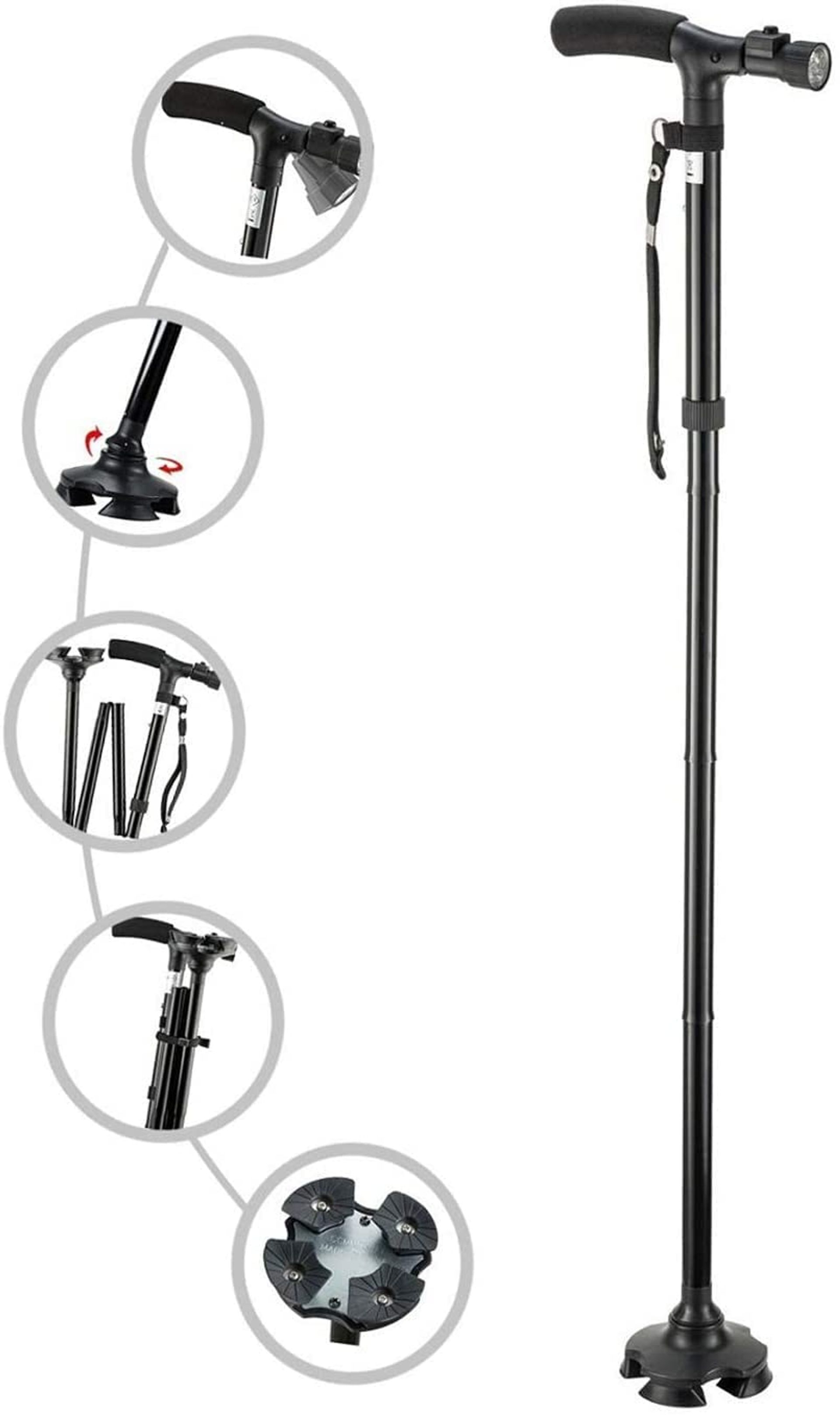 Folding Walking Cane with LED Light Adjustable Lightweight Stick for Balance and Stability - Black ArmaGedon