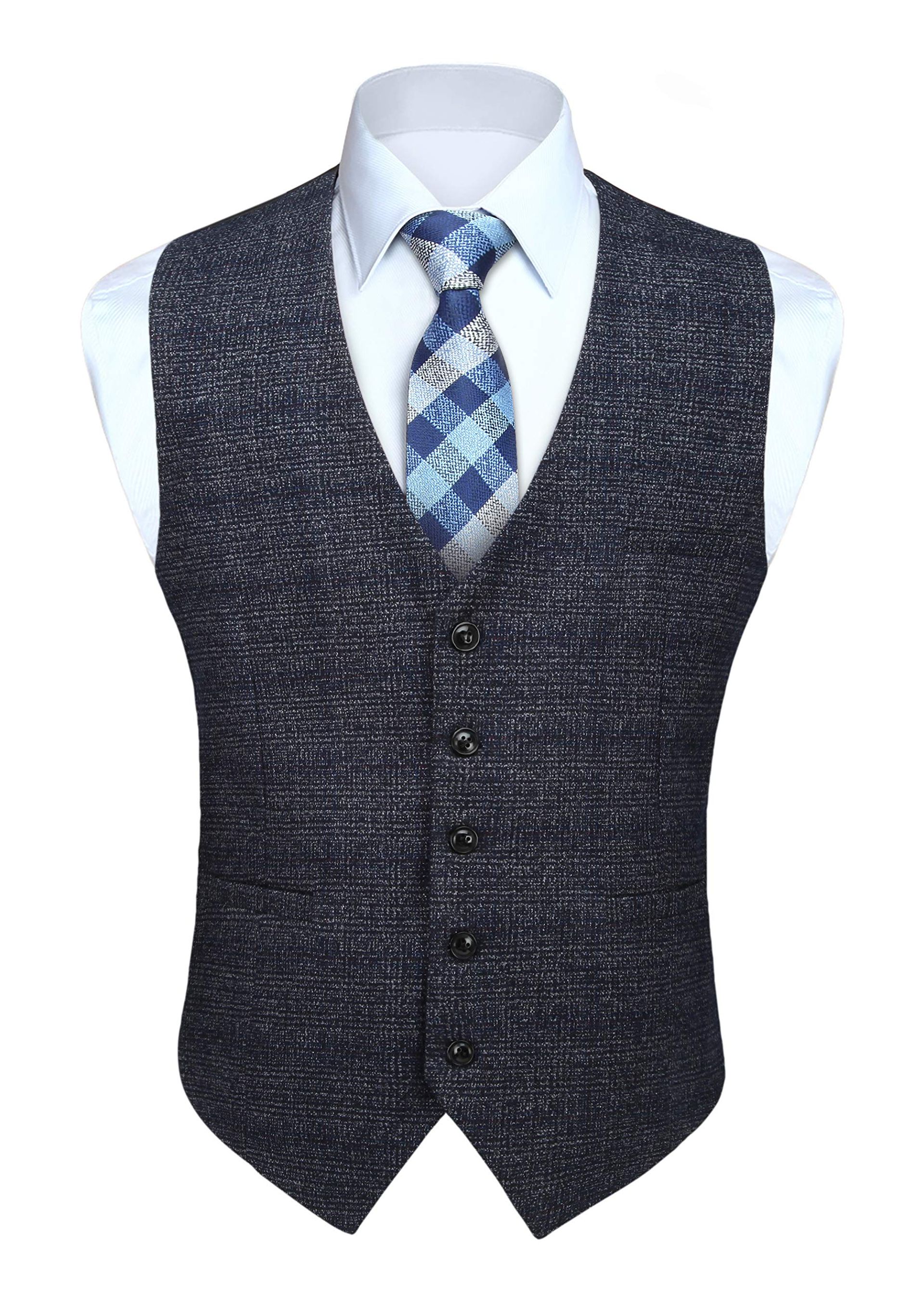 Men's Formal Classic Plaid Waistcoat Smart Suit Vest with Pockets - Navy Blue S