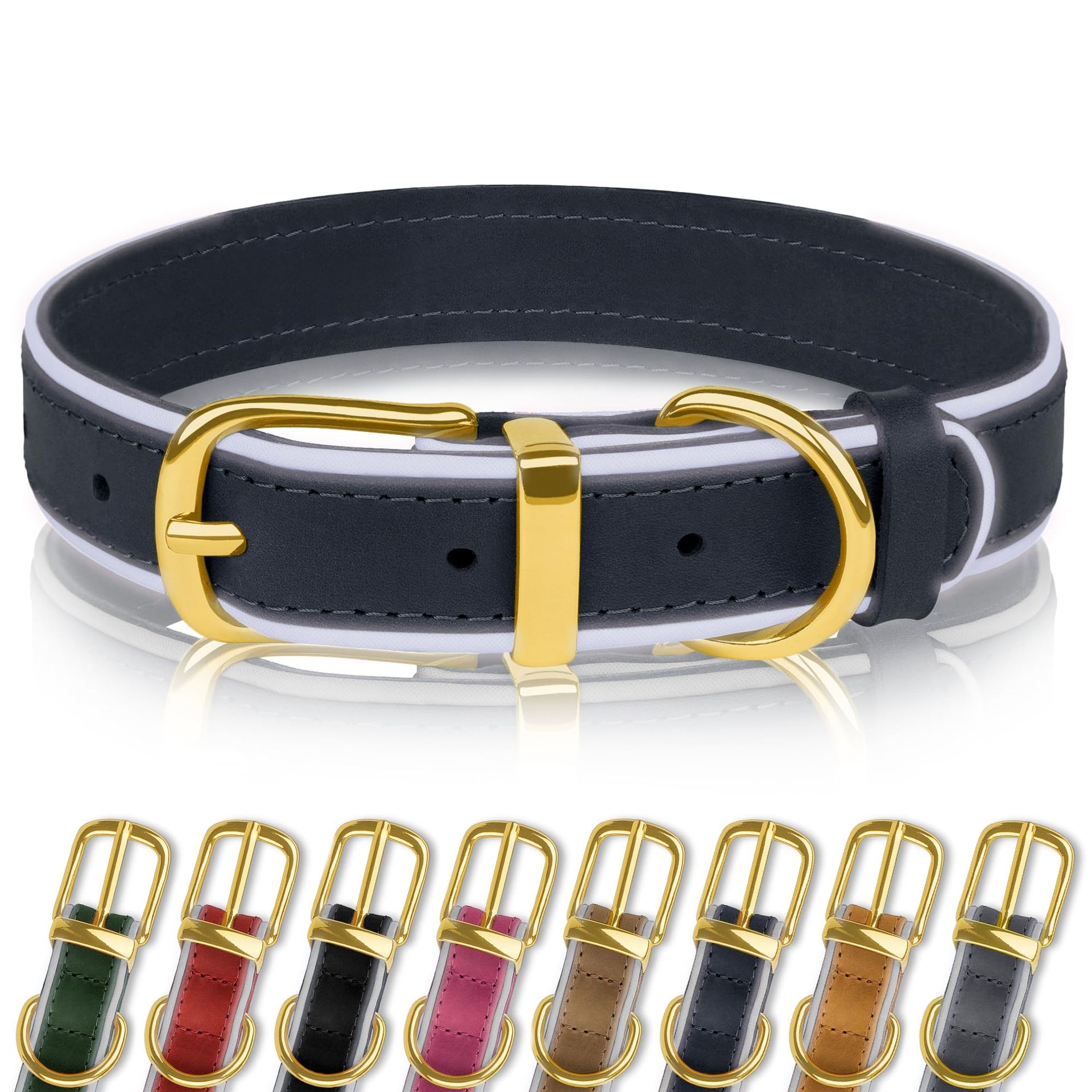 Reflective Genuine Leather Dog Collar Soft Padded Adjustable Comfortable Design for Small to Large Breeds - Black XLarge