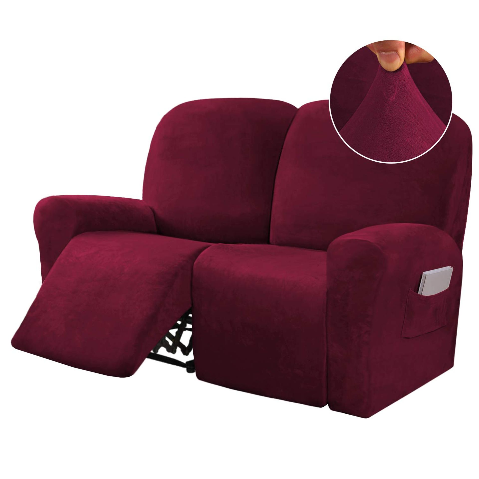 6-Piece Velvet Recliner Sofa Slipcover Stretch Furniture Protector Washable - Burgundy 2 Seater Recliner Cover