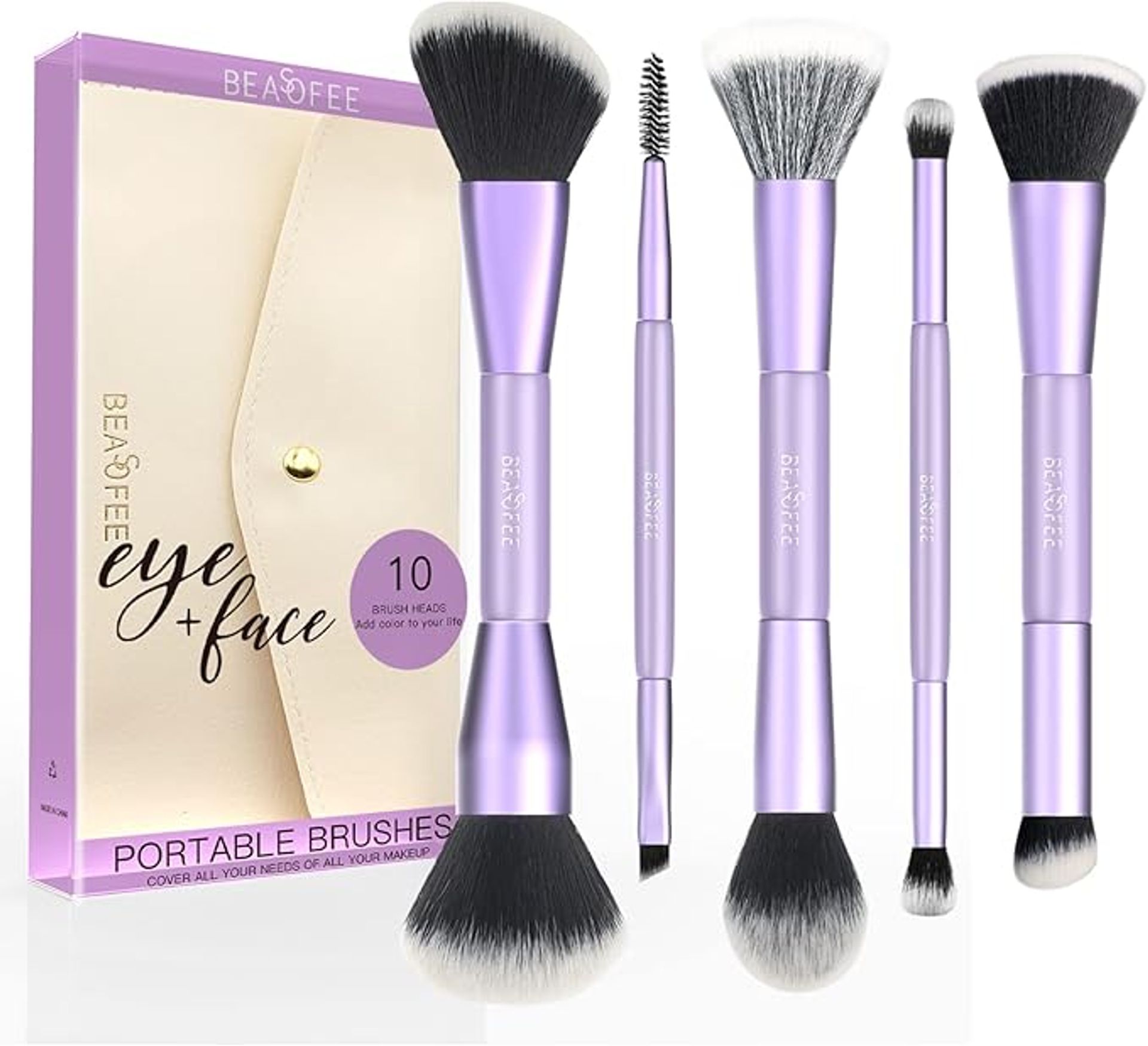 BEASOFEE 5-Piece Makeup Brush Set - Premium Synthetic Bristles, Wood Handles, Purple