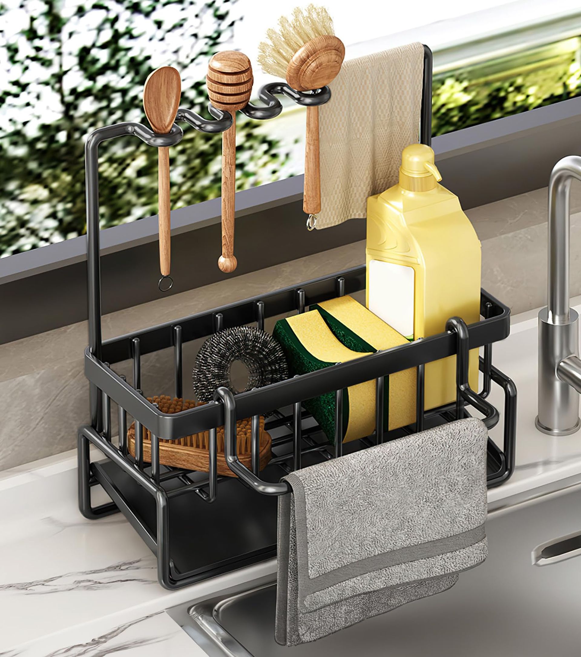 Black Kitchen Sponge Holder with Drip Tray - Sink Caddy Organiser & Utensils Rack