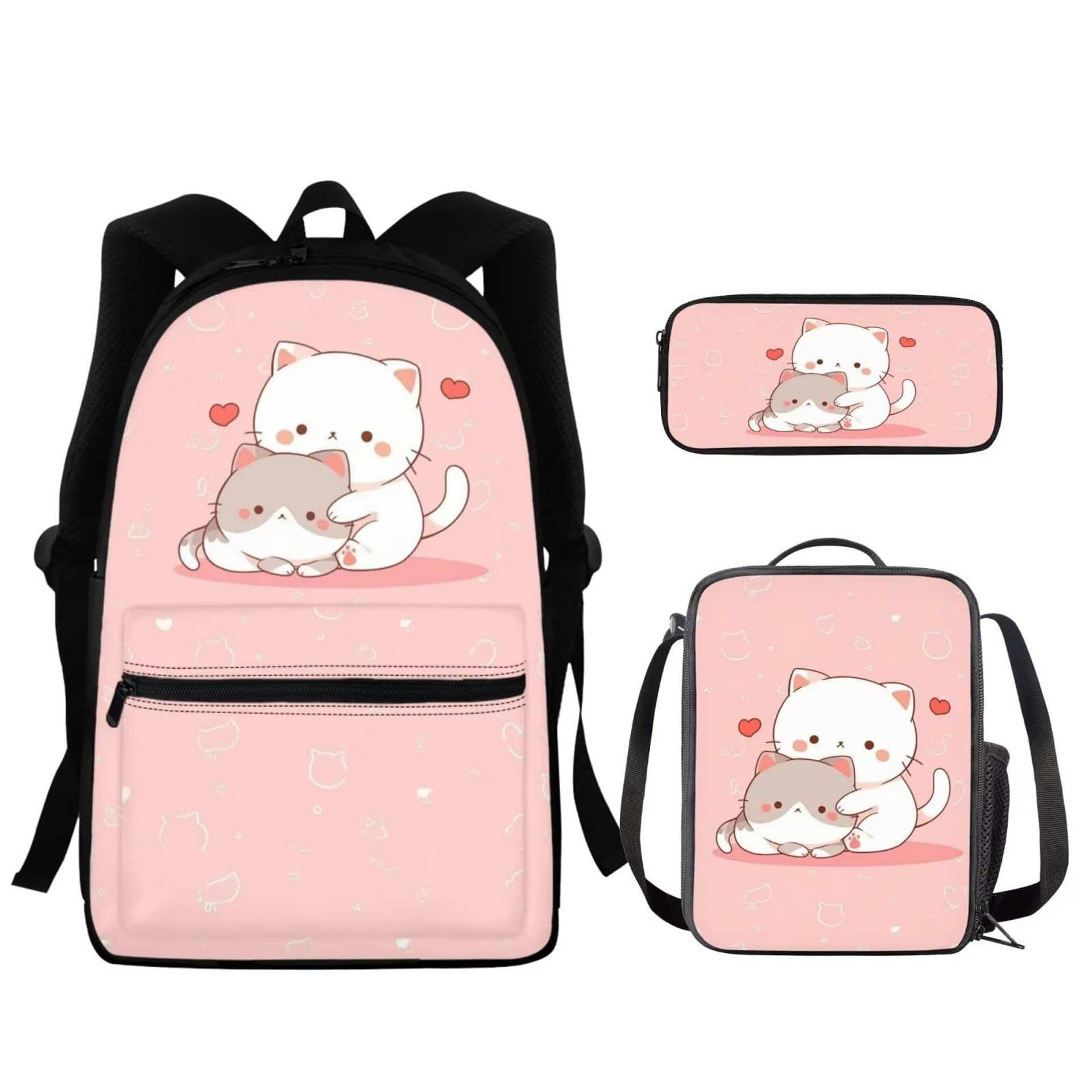 Kawaii Cat Backpack Set for Kids with Lunch Bag & Pencil Case – Ideal for Primary & Secondary School