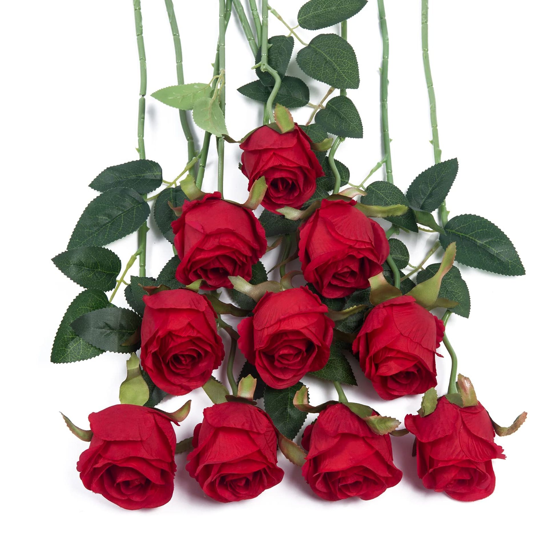 DuHouse 10pcs Artificial Silk Roses Flowers Single Long Stem Fake Rose Bouquet for Wedding Home Party Decoration Centerpieces(Red)