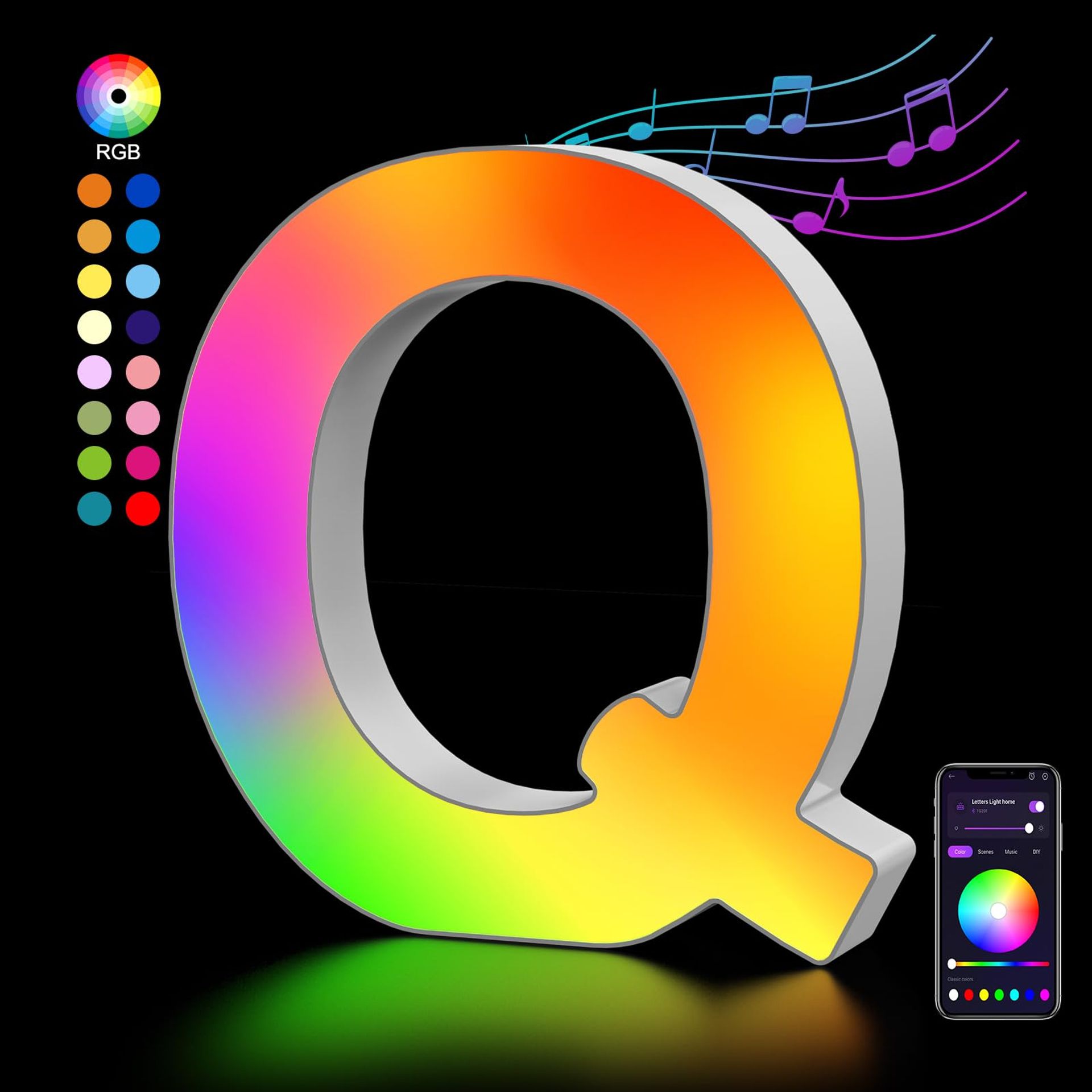 Light Up LED Letter Lights Q, USB Powered Colour Changing Alphabet Sign for Party & Home Décor