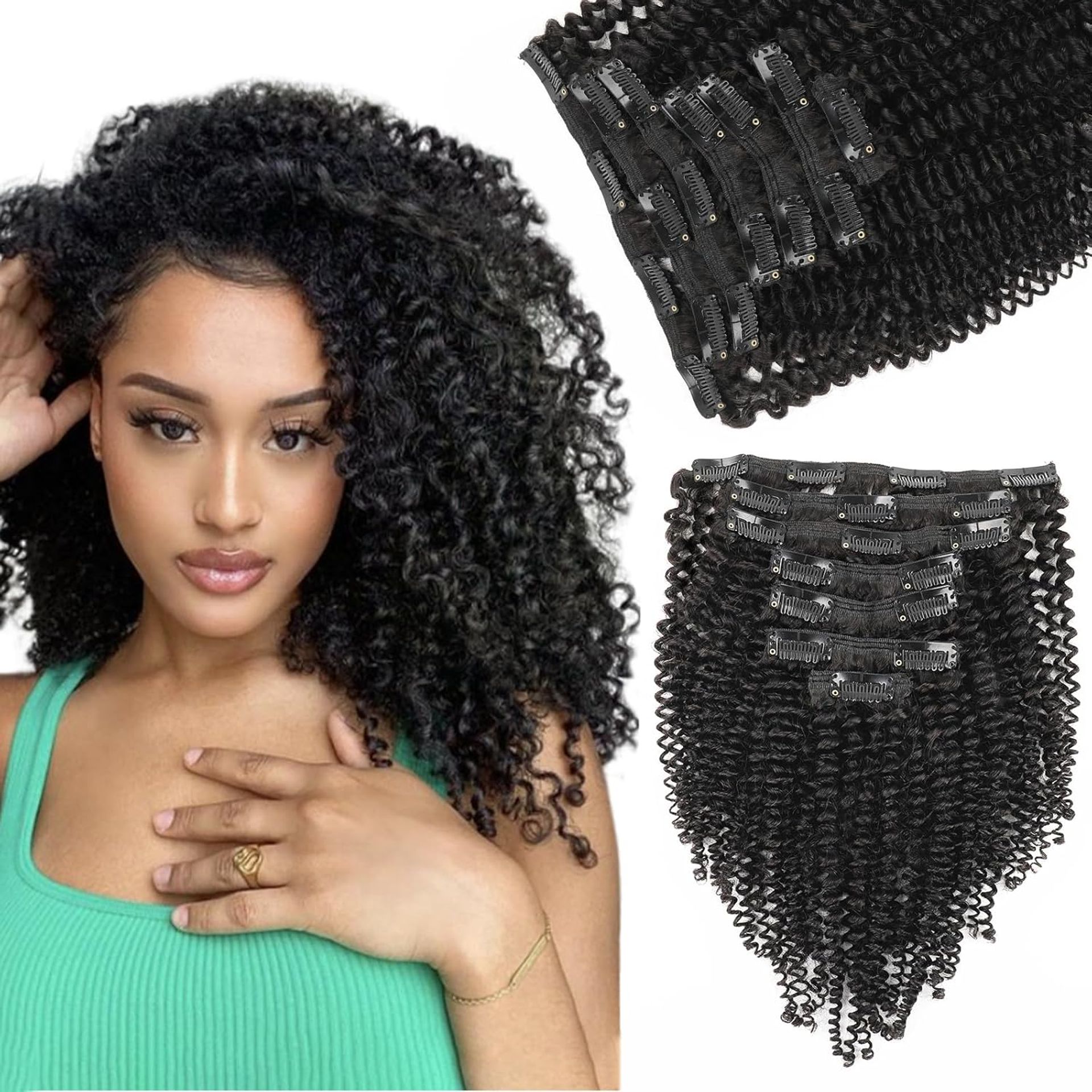 Kinky Curly Clip-In Hair Extensions Human Hair Double Weft 7 Piece Set for Natural Volume and Length - Natural Black 20 Inch - Valentines