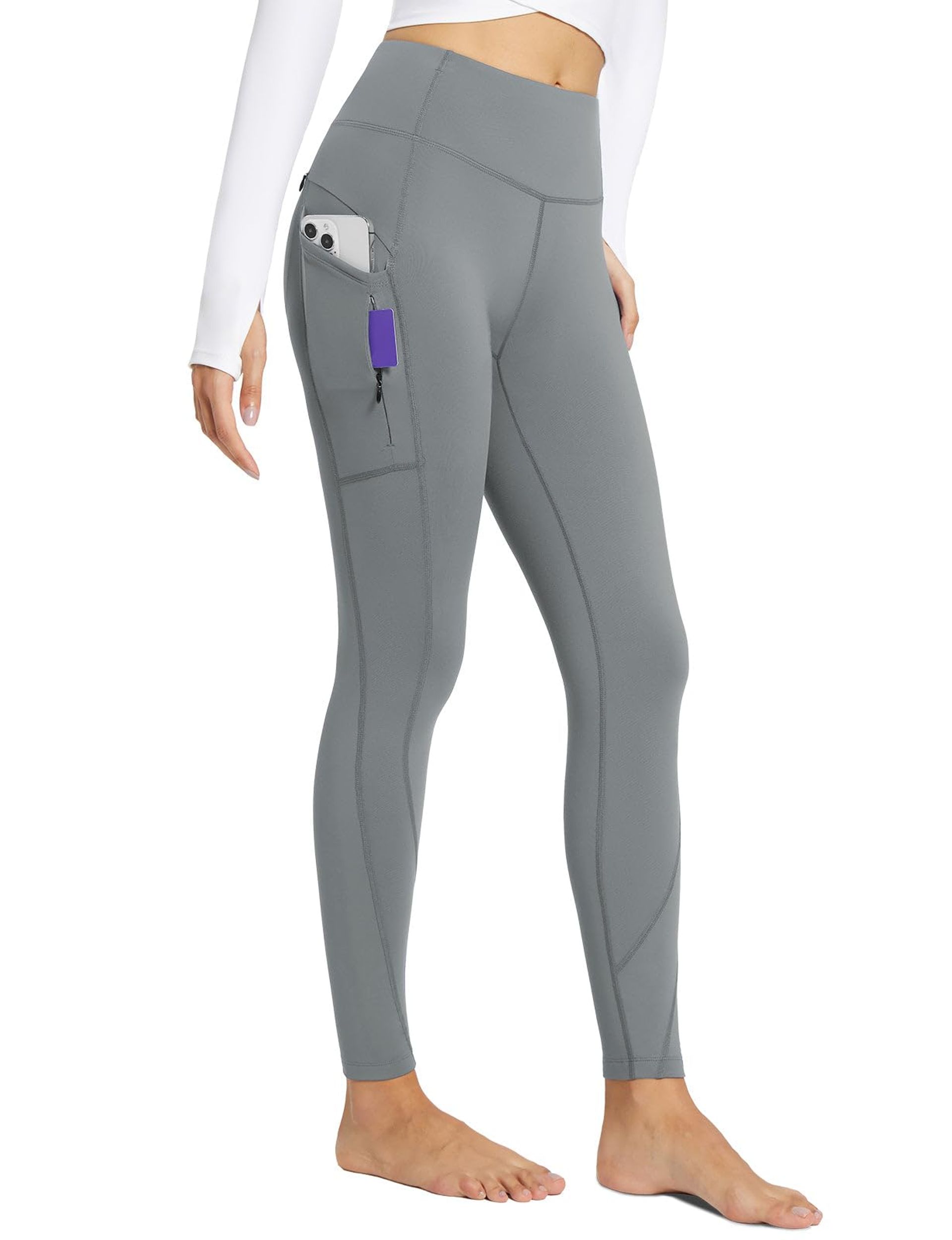 Women's Fleece Lined Leggings High Waisted Yoga Pants with 5 Pockets Thermal Winter Walking - Grey L