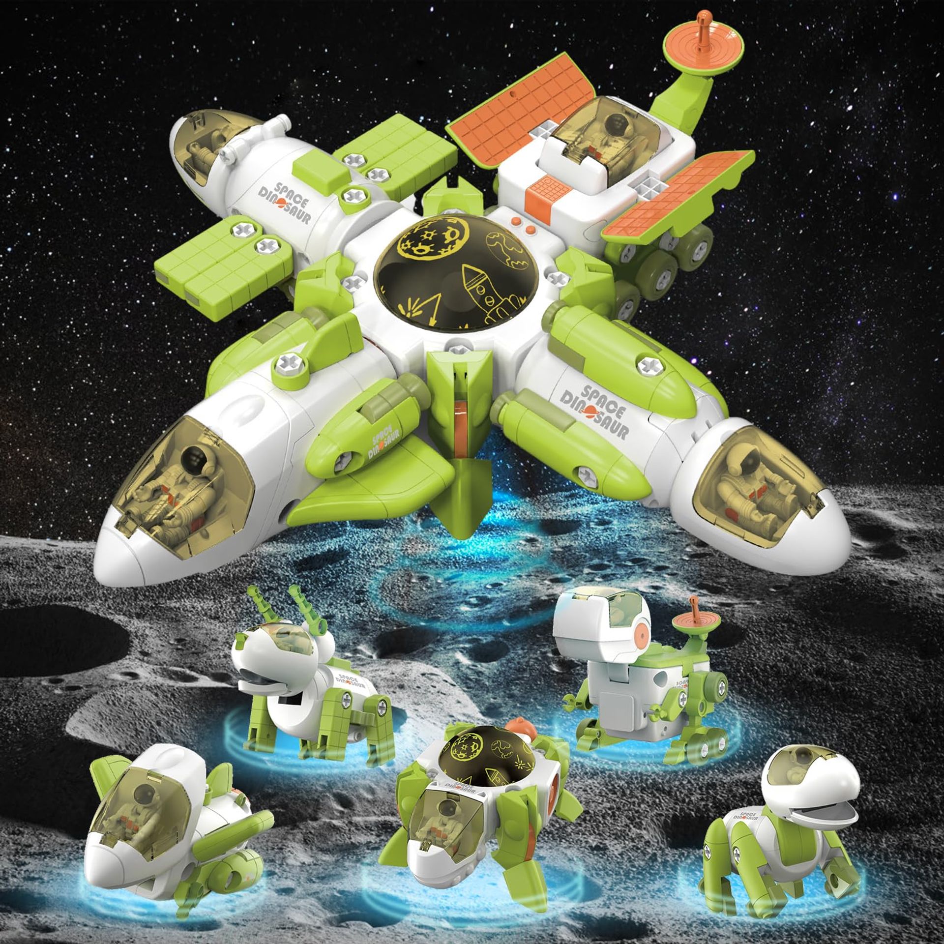 5-in-1 Space Dinosaur Transforming Toy Set with Space Station and 11 Formations for Kids - Green Large