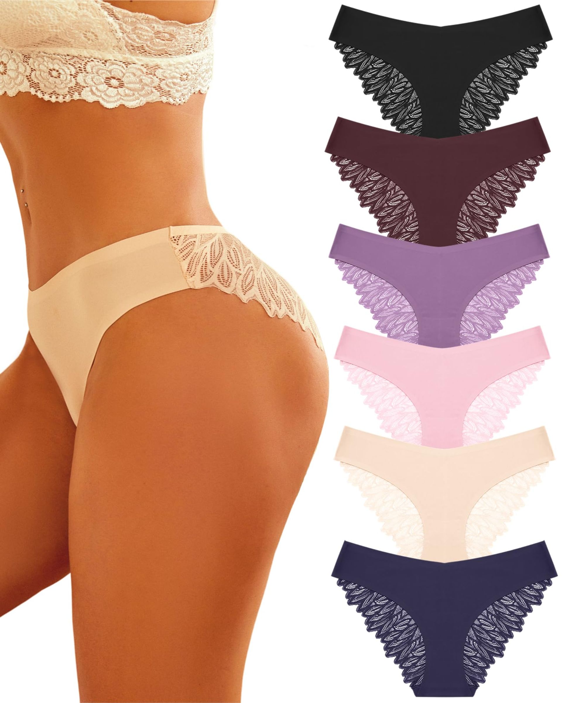 Women's Seamless Knickers Multipack No VPL Lace Underwear Soft Comfort Hipster - E-6 Set XL