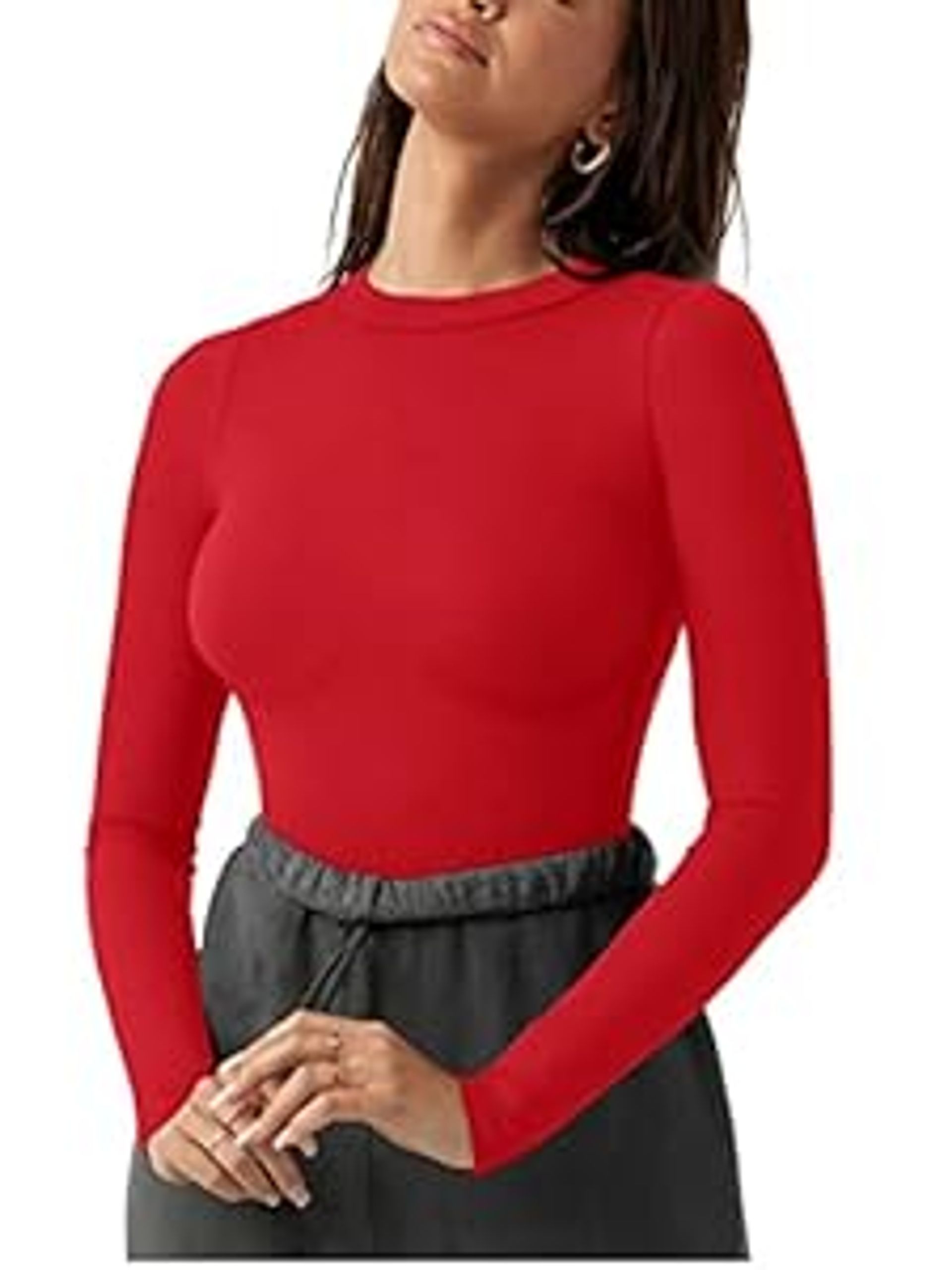 Women's Double Lined Long Sleeve Crew Neck Bodysuit Soft Fitted Top - Red Small - Valentines