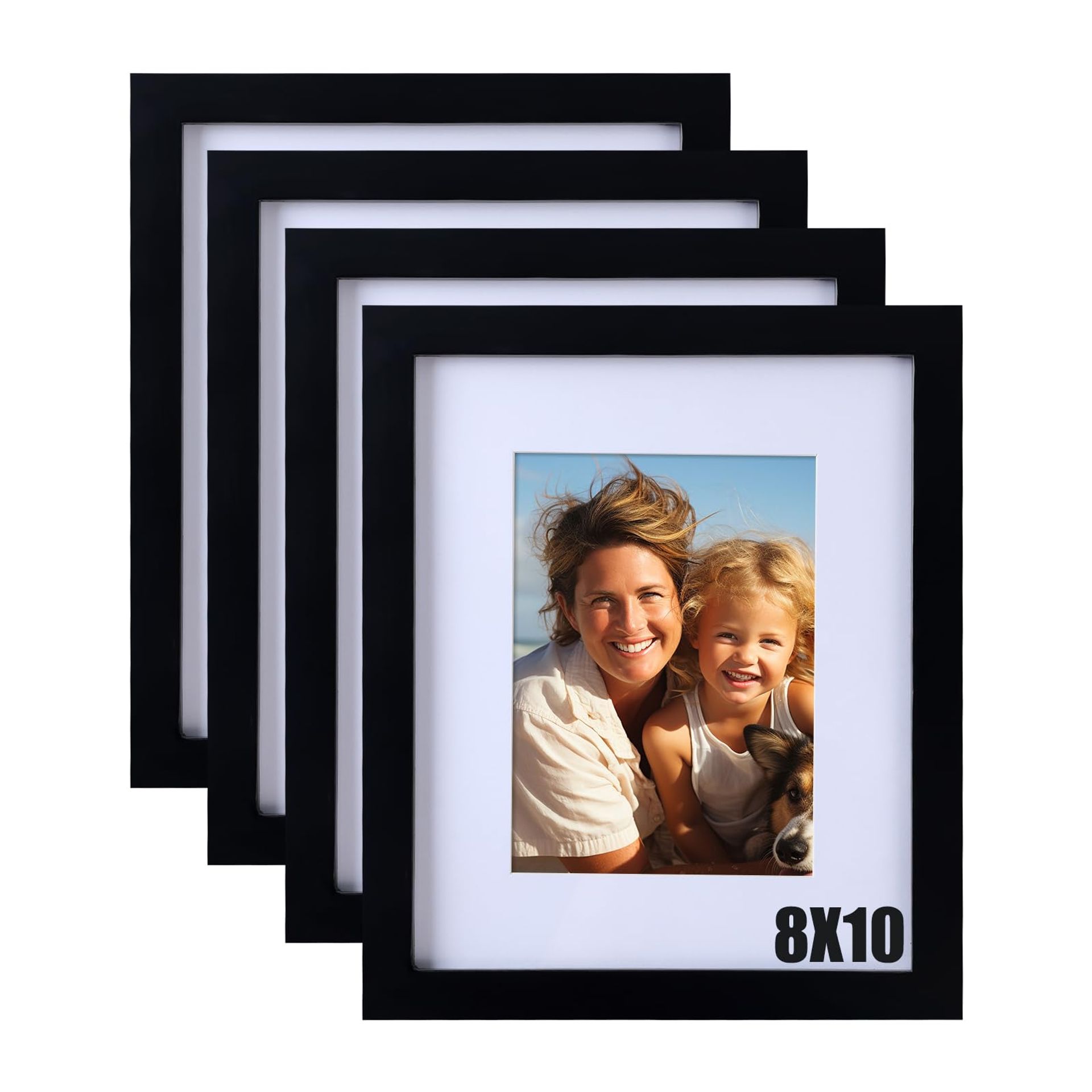 Elegant Black 10x8 Solid Wood Picture Frames Set of 4 with Real Glass, Matted for 7x5 Photos