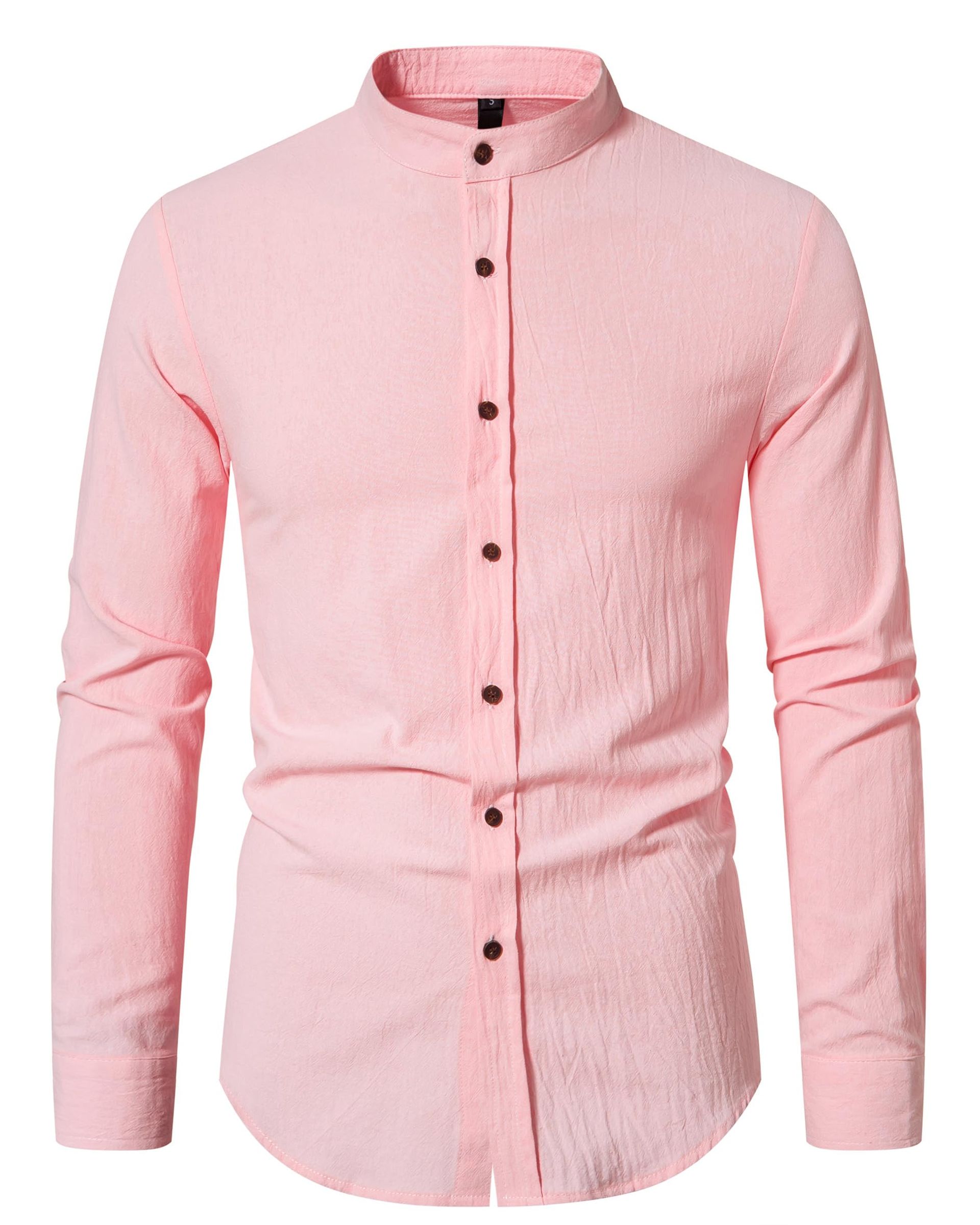 Men's Linen Long Sleeve Shirt Cotton Blend Casual Regular Fit with Band Collar - Pink L