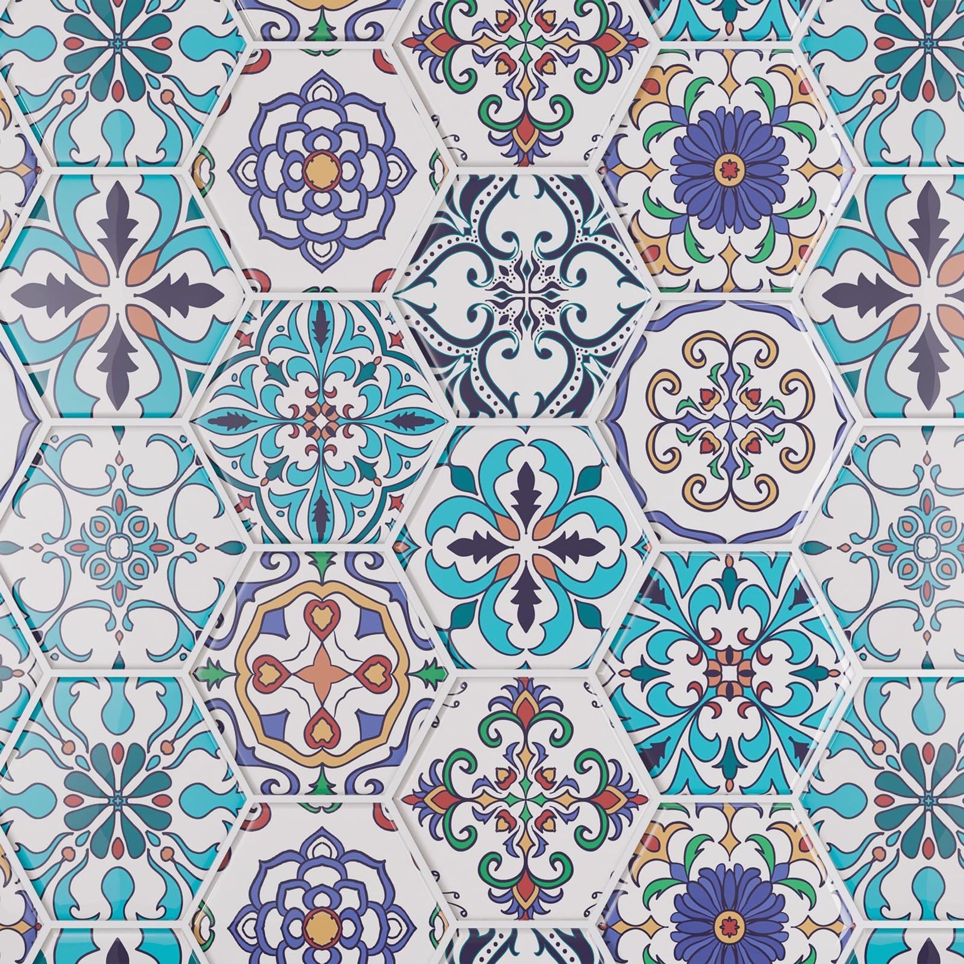 Boho Hexagon 3D Tile Stickers Peel & Stick, Waterproof Self-Adhesive Backsplash for Kitchen & Bathroom Walls - 30.5x30.5cm, Pack of 10