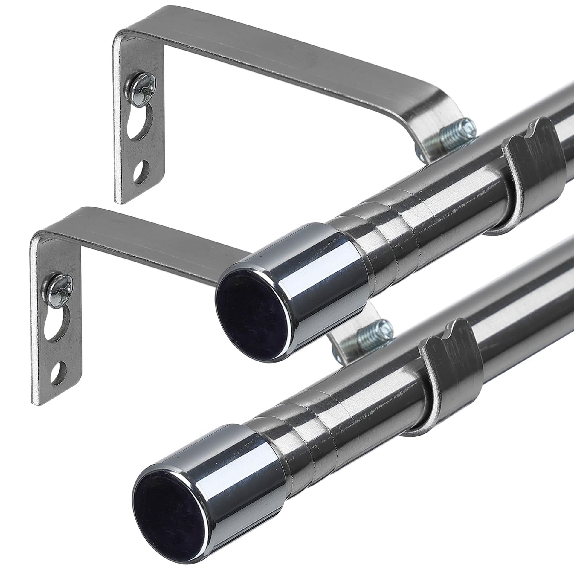Adjustable Curtain Poles with Silver Finials, 76–238 cm Extendable Rods with Brackets, Set of 2 for Windows & Doors