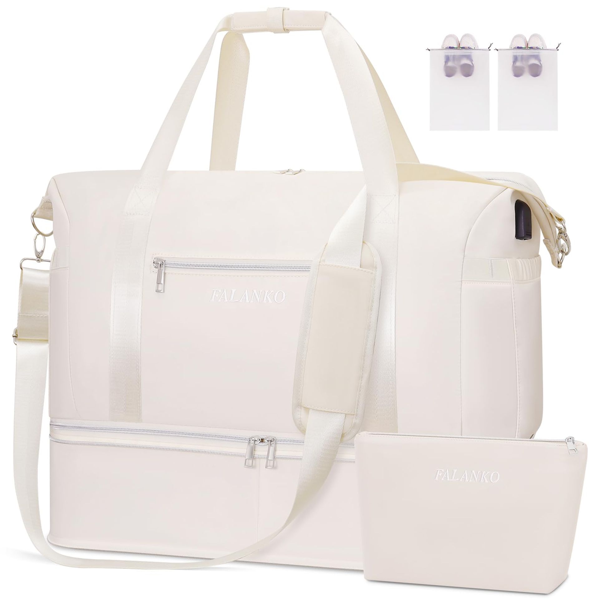 Extra Large Travel Duffel Bag 66L with Shoe Compartment, Expandable Waterproof Weekender Tote with USB Port – Beige
