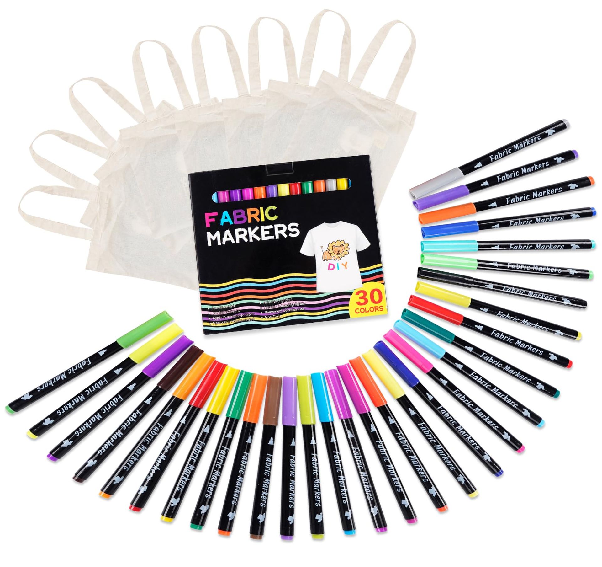 Adorfine 30 Fabric Pen and 8 Fabric Bags 30 Colors Fabric Markers Permanent for Clothes Tshirt Pens Textile Marker Fabric Paint Pens DIY Crafts Clothing