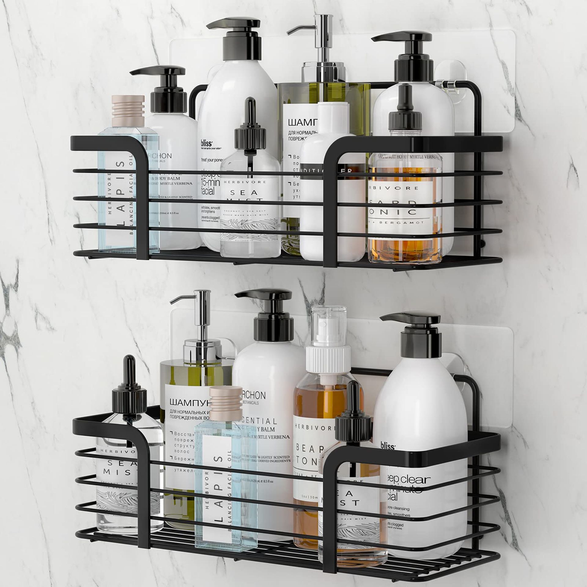 Adhesive Shower Caddy Wall Mounted Bathroom Storage Basket SUS304 Stainless Steel No Drilling - Black 2 Set