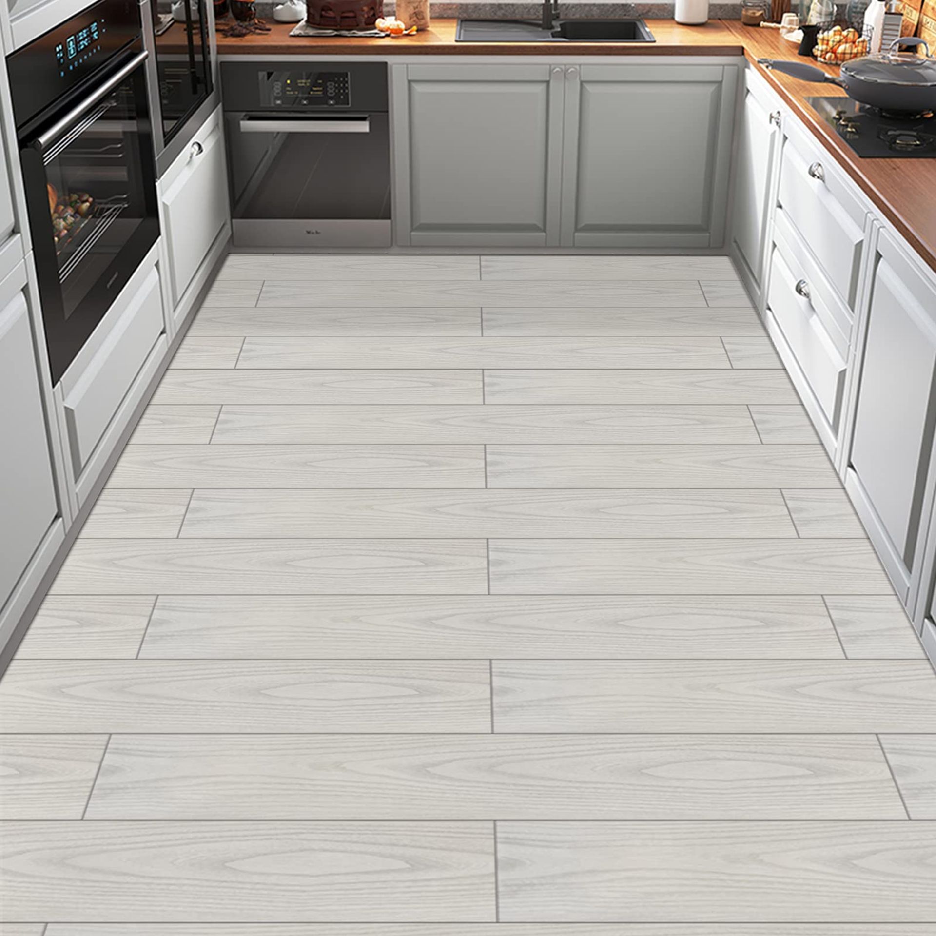 Self Adhesive Vinyl Floor Planks Grey White Wood Effect, Waterproof Peel & Stick Tiles for Kitchen, Bathroom, Living Room 90x15cm