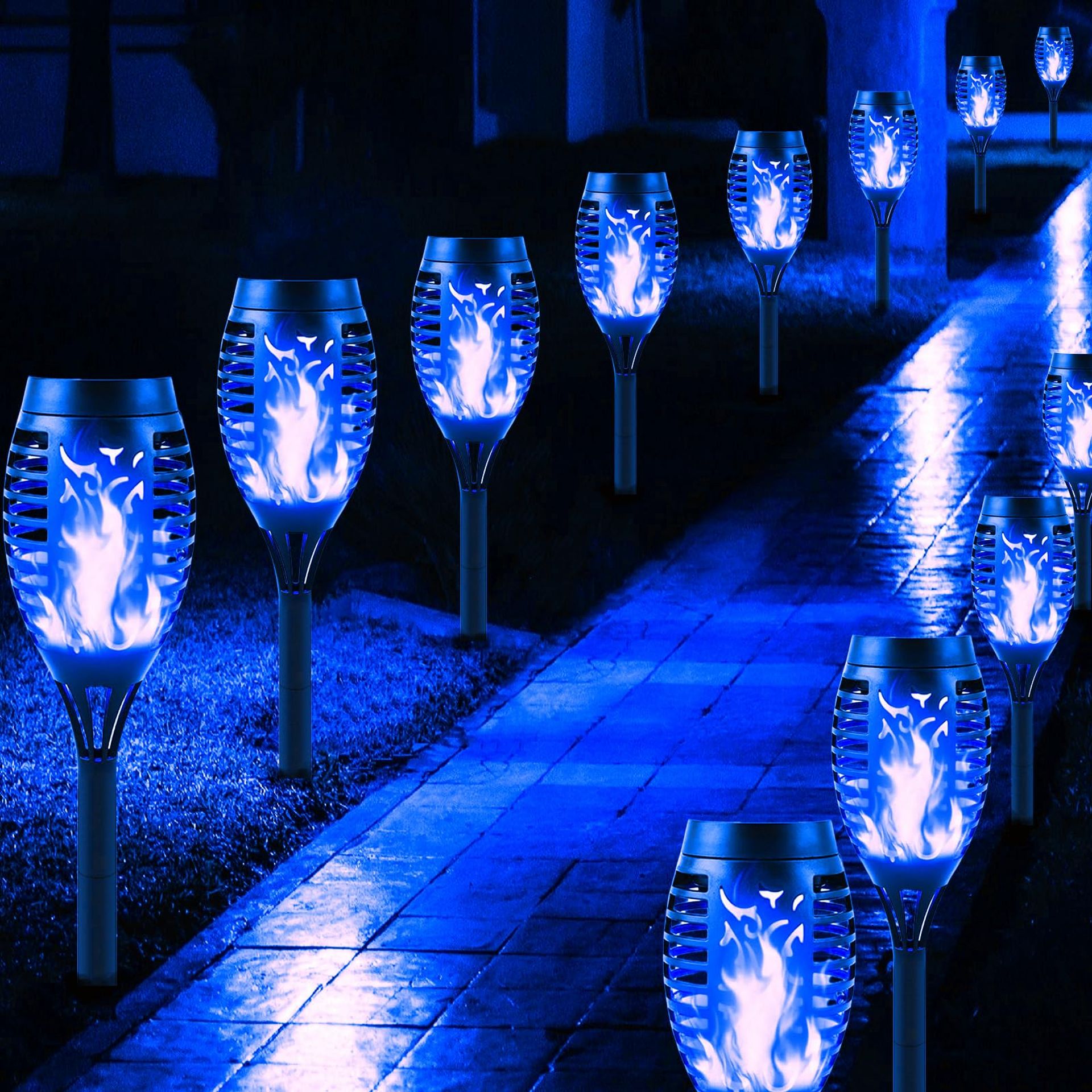 Solar Garden Lights Outdoor Torch Lamps Flickering Flame Effect LED Waterproof Auto On/Off 12 Pack - Blue