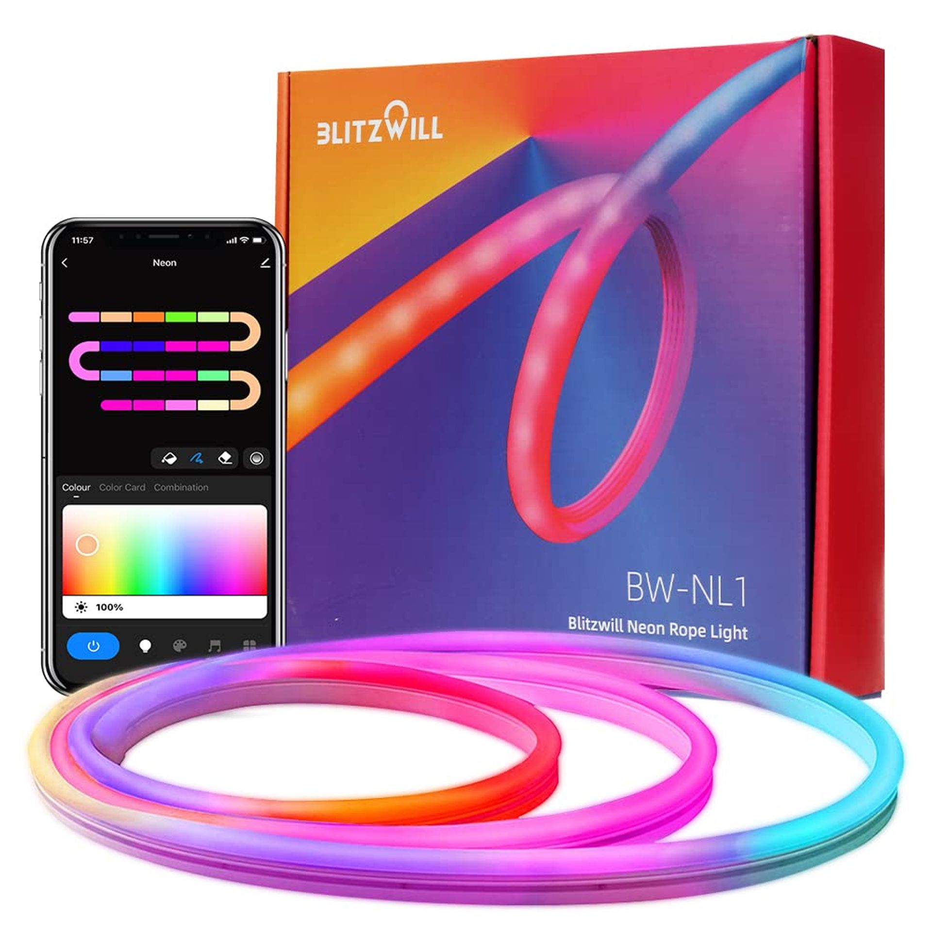 BLITZWILL Neon LED Strip Lights, 3M DIY Dynamic LED Rope Light RGB with IC, APP and Remote Control, Work with Alexa & Google Assistant, Music Sync, IP67 Waterproof, for Gaming Room Party Decoration