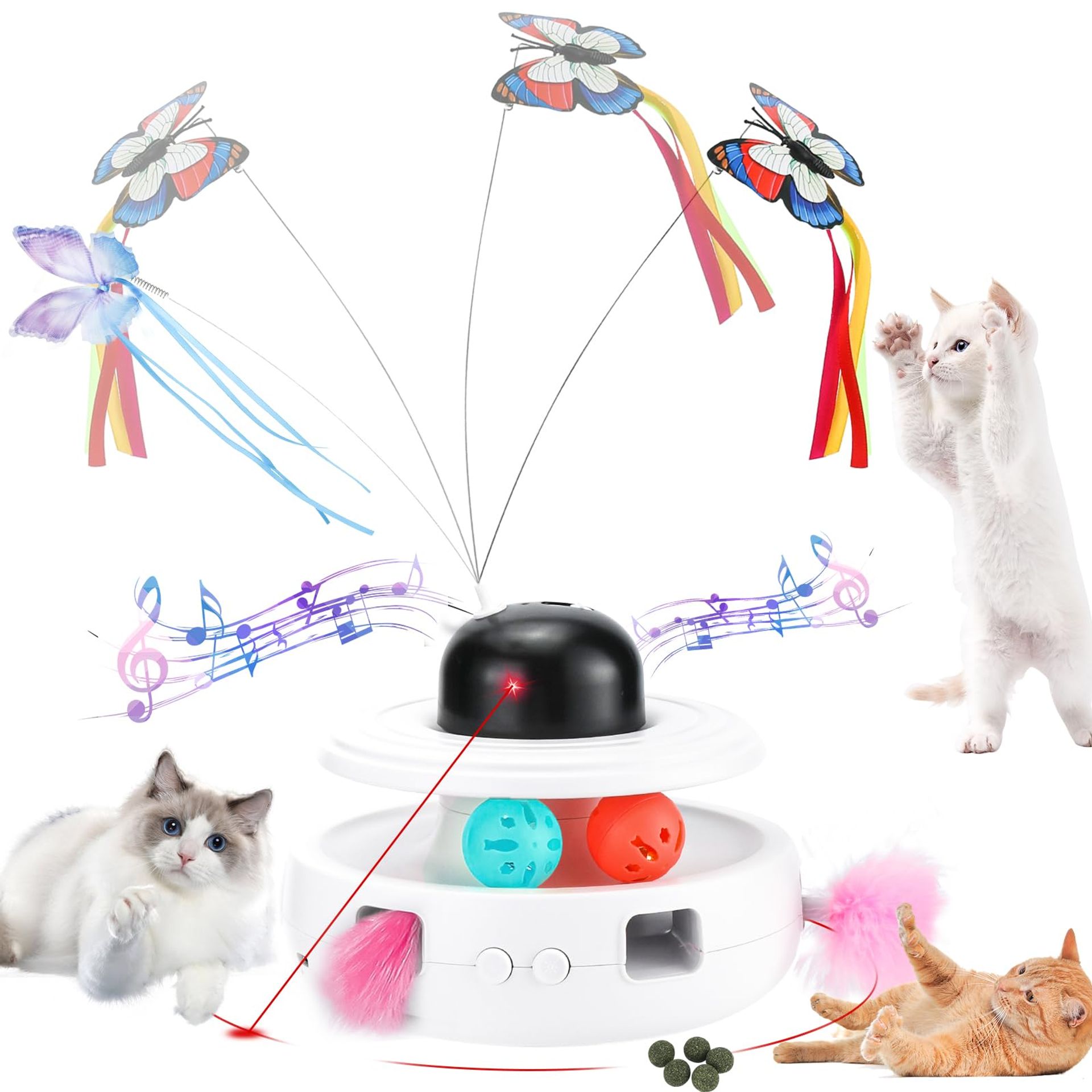 5-in-1 Multifunctional Interactive Cat Toy Rechargeable Smart Feather & Laser Play Toy with Butterfly, Bird Chirping, and Ball - White