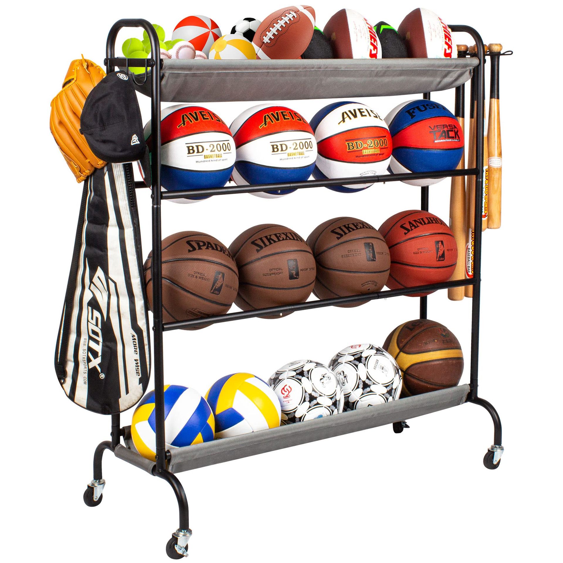 4-Tier Ball Storage Rack with Wheels – Space-Saving Sports Organiser for Garage, Home & Gym, with Hooks & Fabric Layers for Small Balls