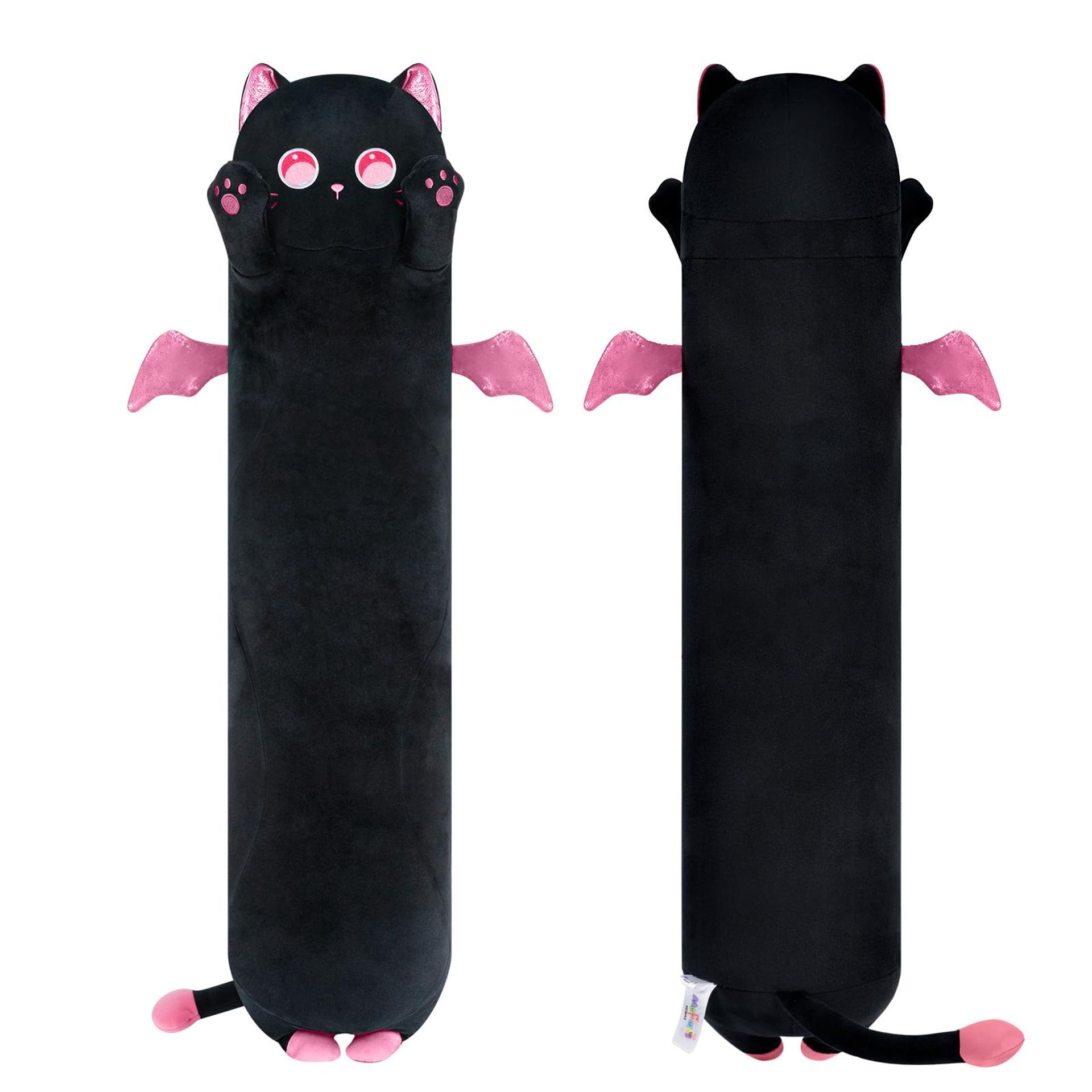 36in Cat Plush Pillow Soft Toy – Squishy Cuddly Sleeping & Hugging Cushion with Big Eyes, Black with Pink Accents - Valentines