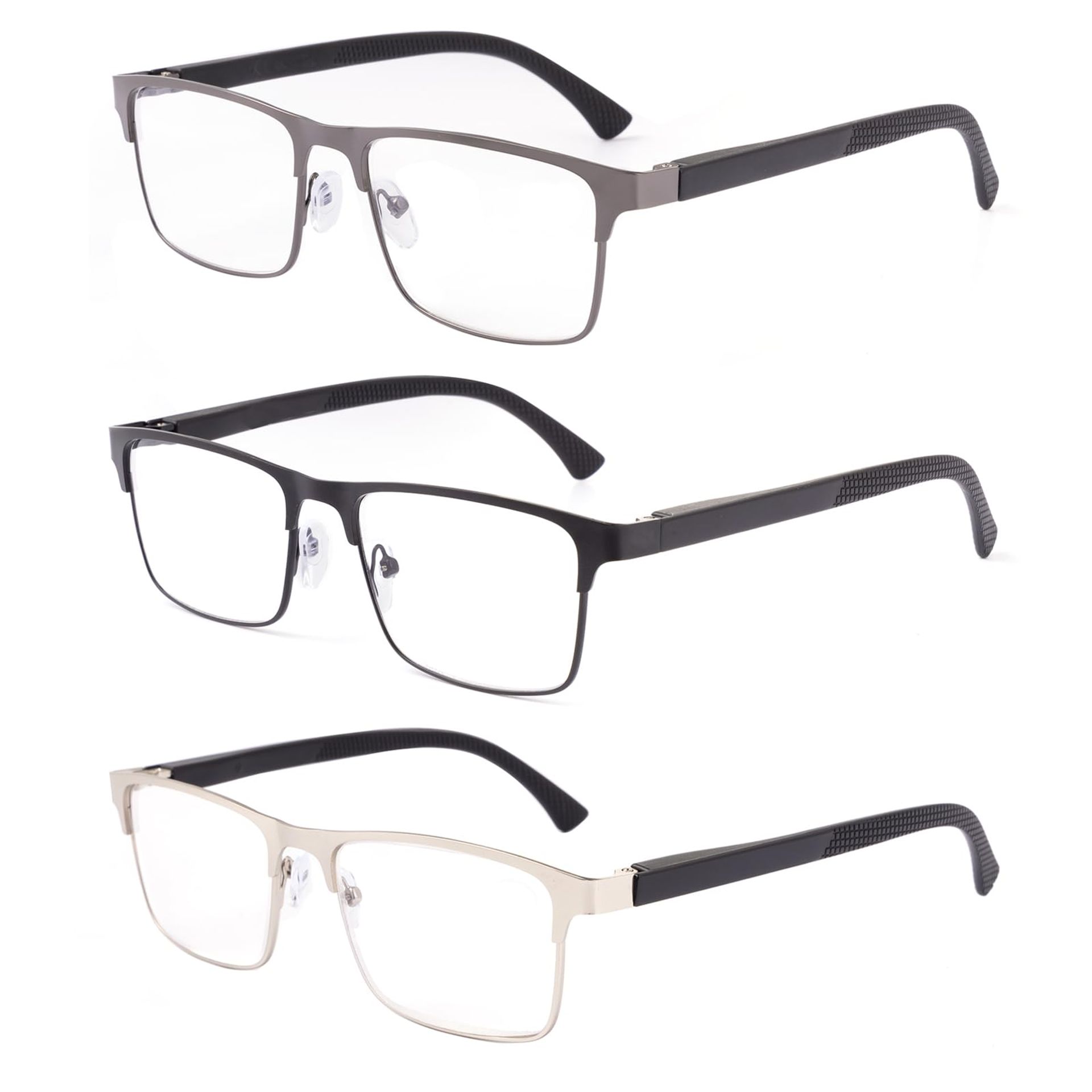 Men's Reading Glasses Set 3 Pack Metal Frame Anti-Blue Light Readers with Spring Hinges - Black+Gunmetal+Silver +2.5