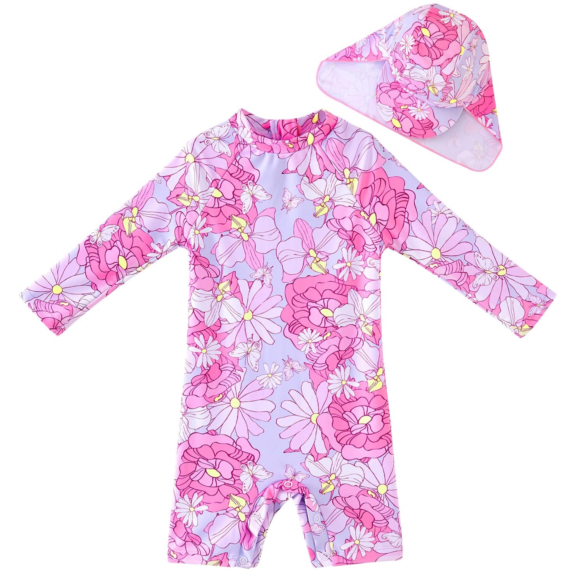 Infant Girls UPF 50+ Sun Protection All-in-One Swimsuit with Sleeves Easy Zip & Snap Leg - Pink/Large Florals 0-3 Months