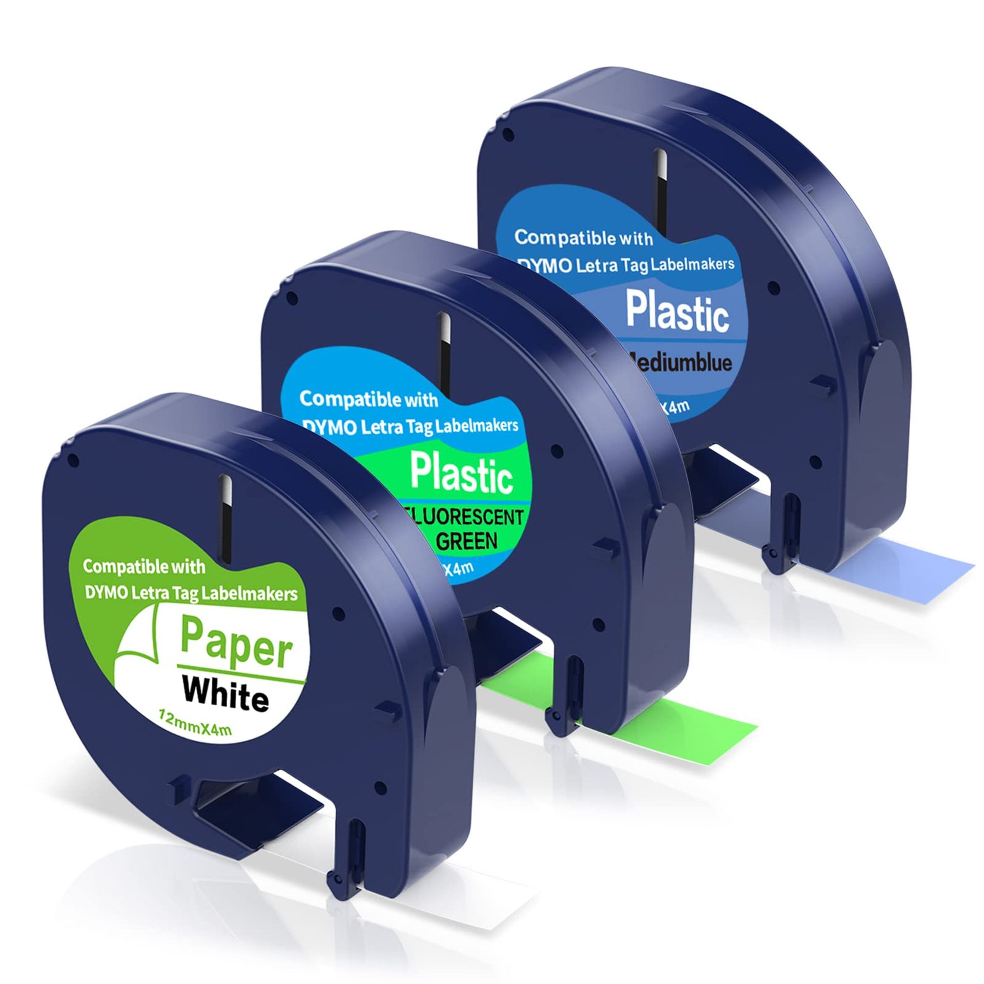 3-Pack Colour Tape for Dymo LetraTag Label Makers, 12mm x 4m - Black/White, Blue, Fluorescent Green