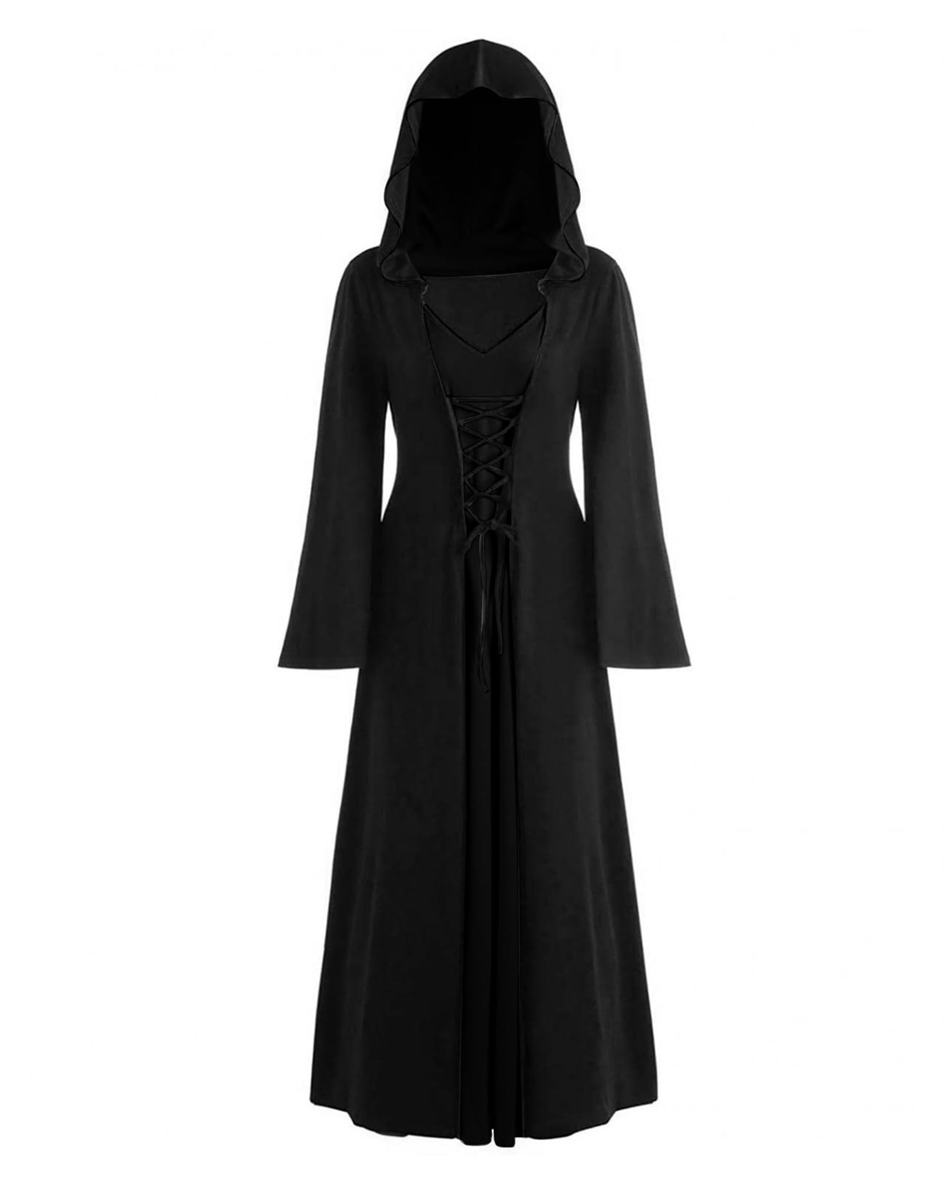 Women's Halloween Witch Costume Long Sleeve Maxi Dress Gothic Cosplay Outfit - Black XL
