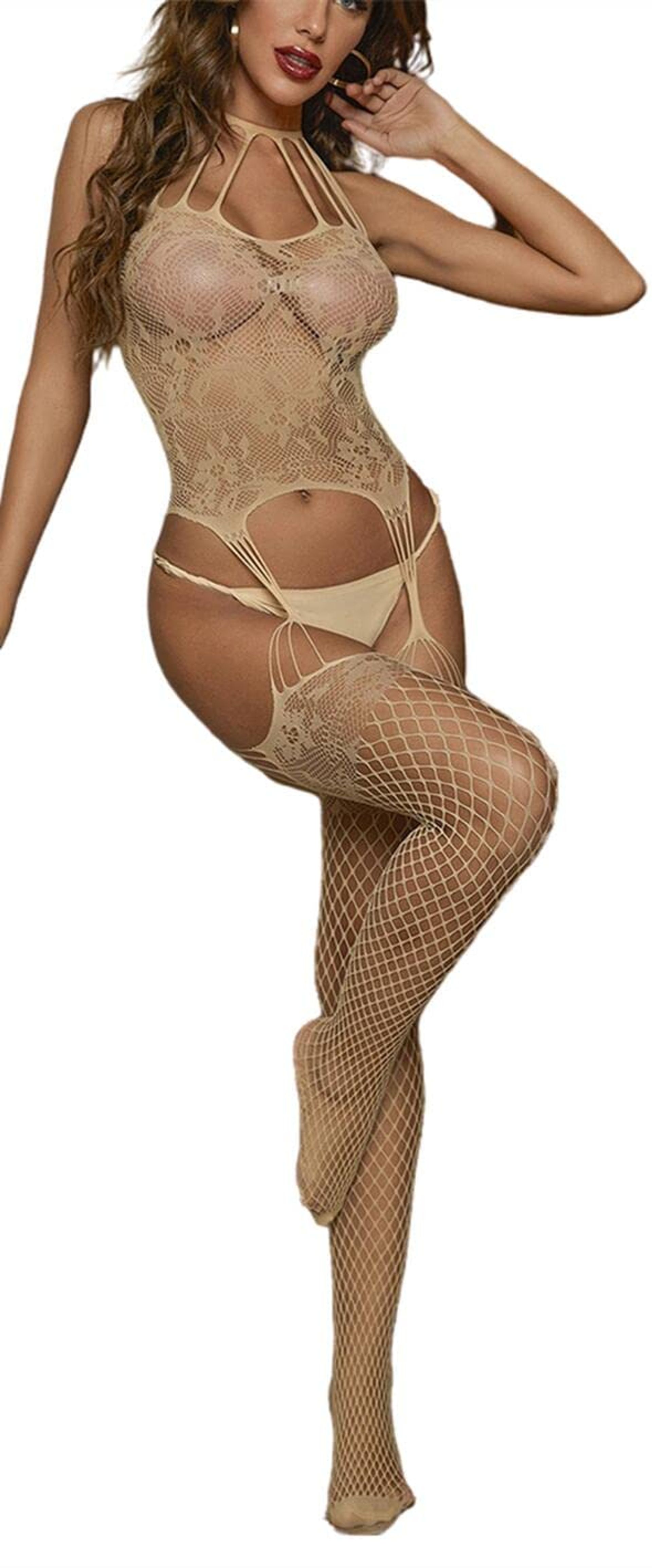 Women's Mesh Fishnet Lace Bodysuit Halter Garter Sexy Lingerie Teddy - Apricot One Size