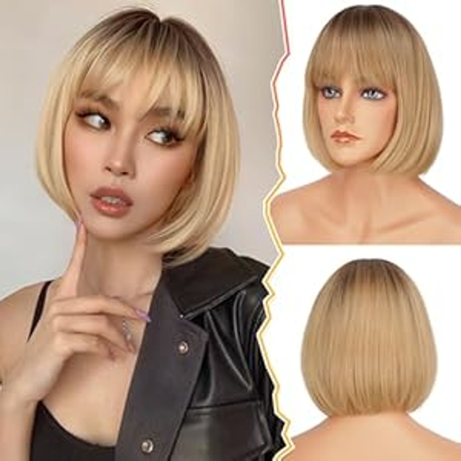 Short Bob Wig with Fringe Heat Resistant Synthetic Natural Look Daily Use - Ombre Blonde 30cm - Valentines