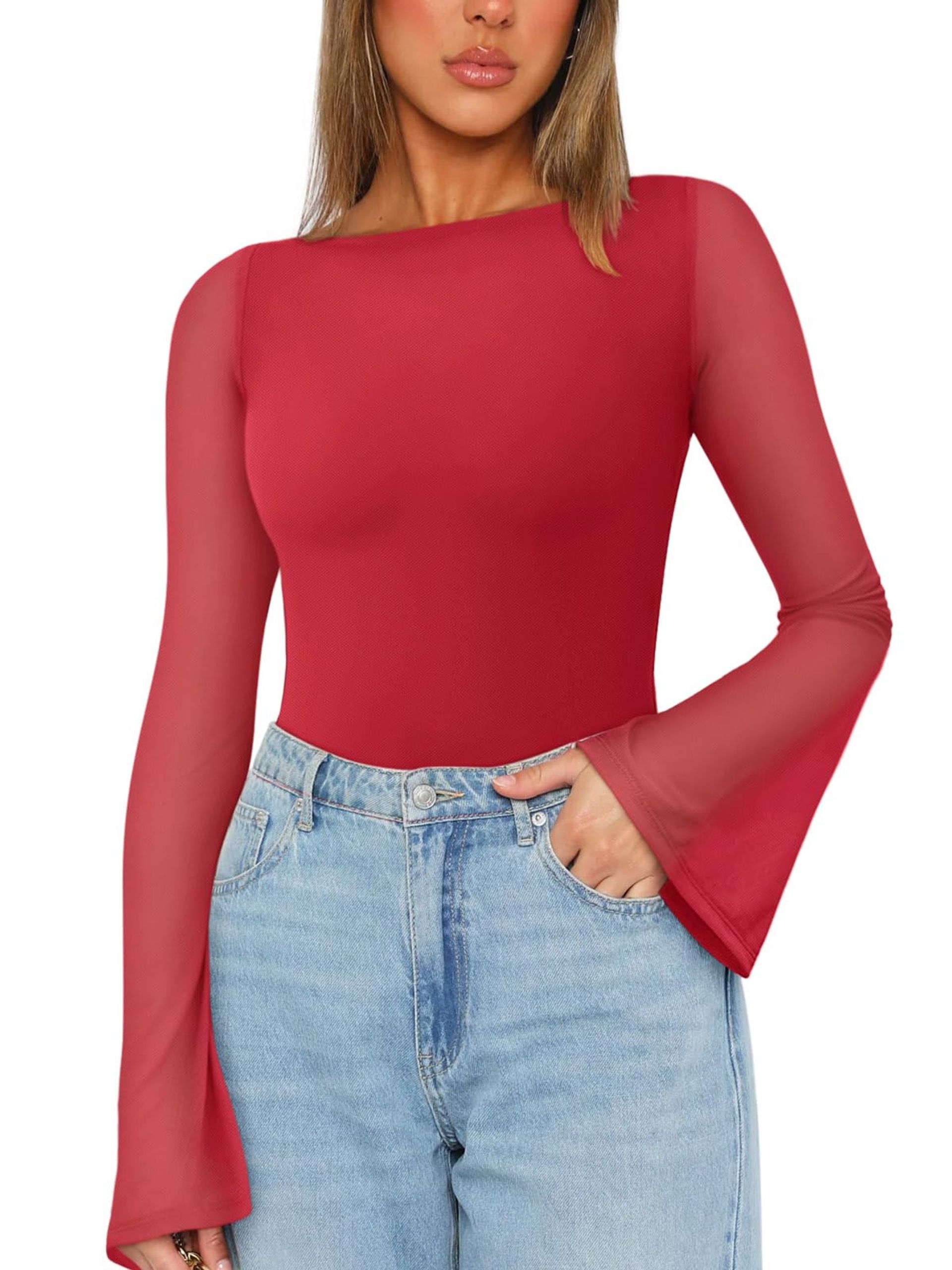 Women's Sheer Mesh Bodysuit with Bell Sleeves & Boat Neck – Sexy Slim Fit Top for Nights Out & Holidays - Red Medium