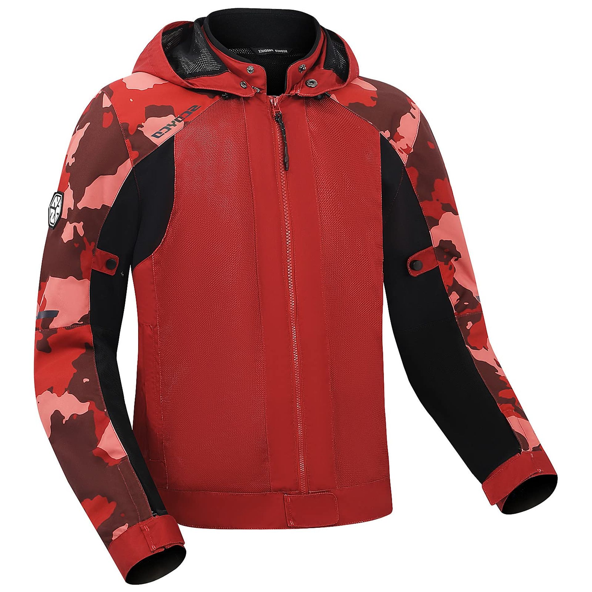 Men's Motorcycle Jacket Camo Sleeve Cordura Textile Armoured Riding Hoodie - Red M