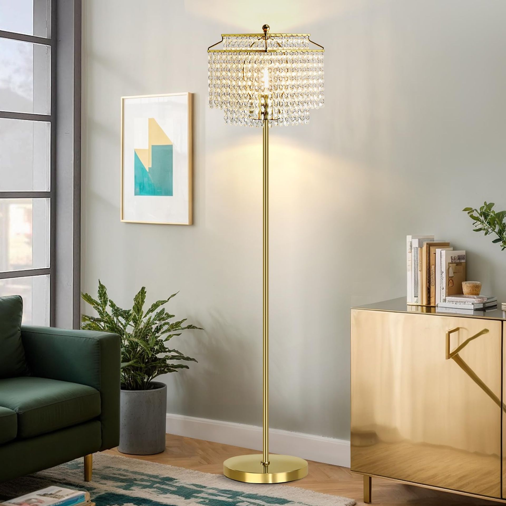 Crystal Floor Lamp Modern Tall Standing Lamp with Double-Layer Shade and Foot Switch Bulb Included - Gold G-1TL-67008