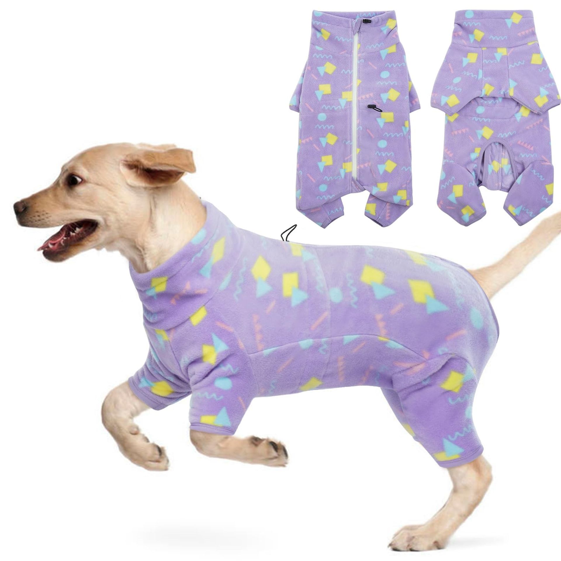 Dog Winter Coat Soft Fleece Pullover Pajamas Windproof Warm Jacket for Cold Weather - Purple Geometry XX-Large