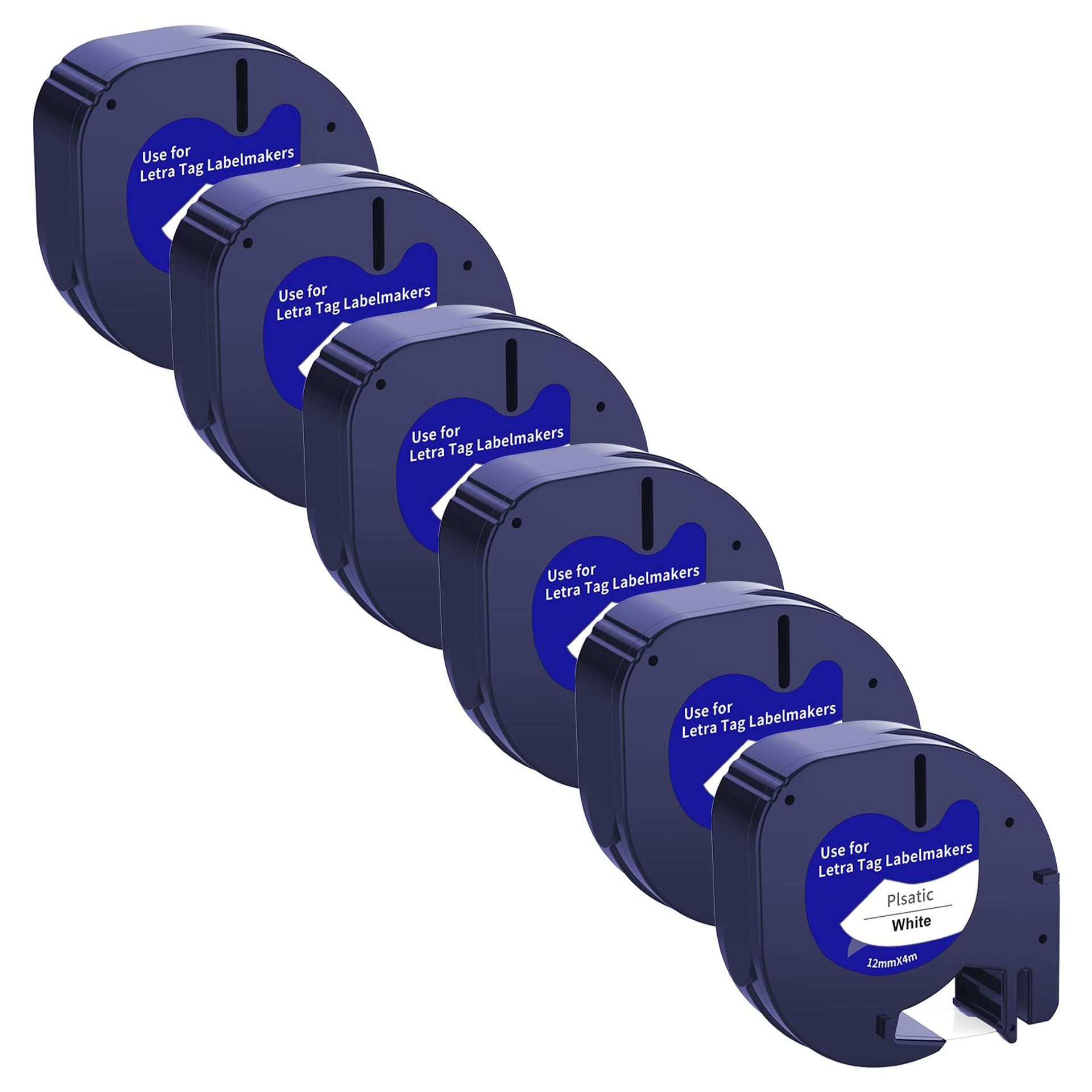 12mm x 4m Label Tapes for Dymo LetraTag - 6 Pack, Black on White
