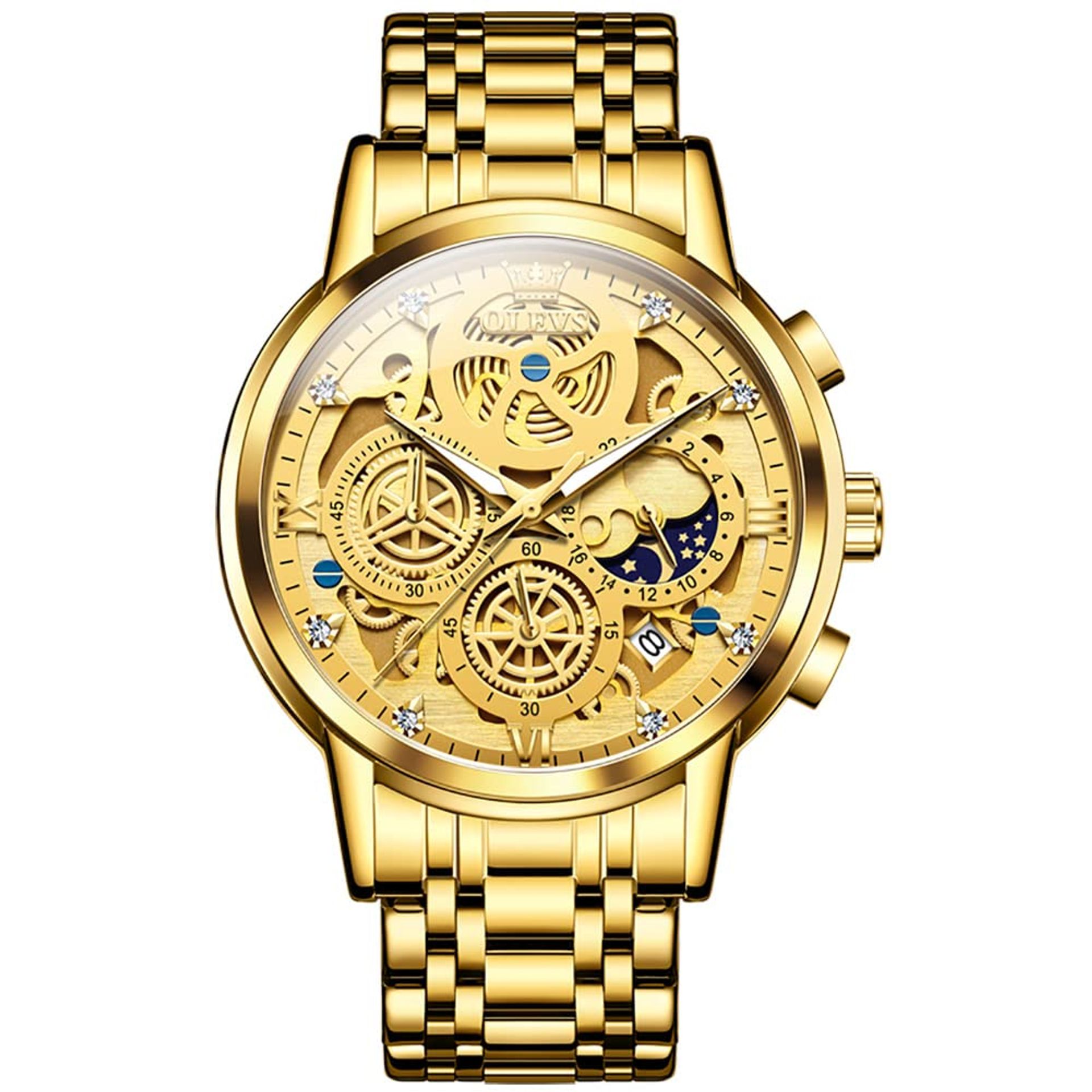 Luxury Men's Quartz Chronograph Watch with Moon Phase & Roman Numerals - Gold Stainless Steel, Waterproof