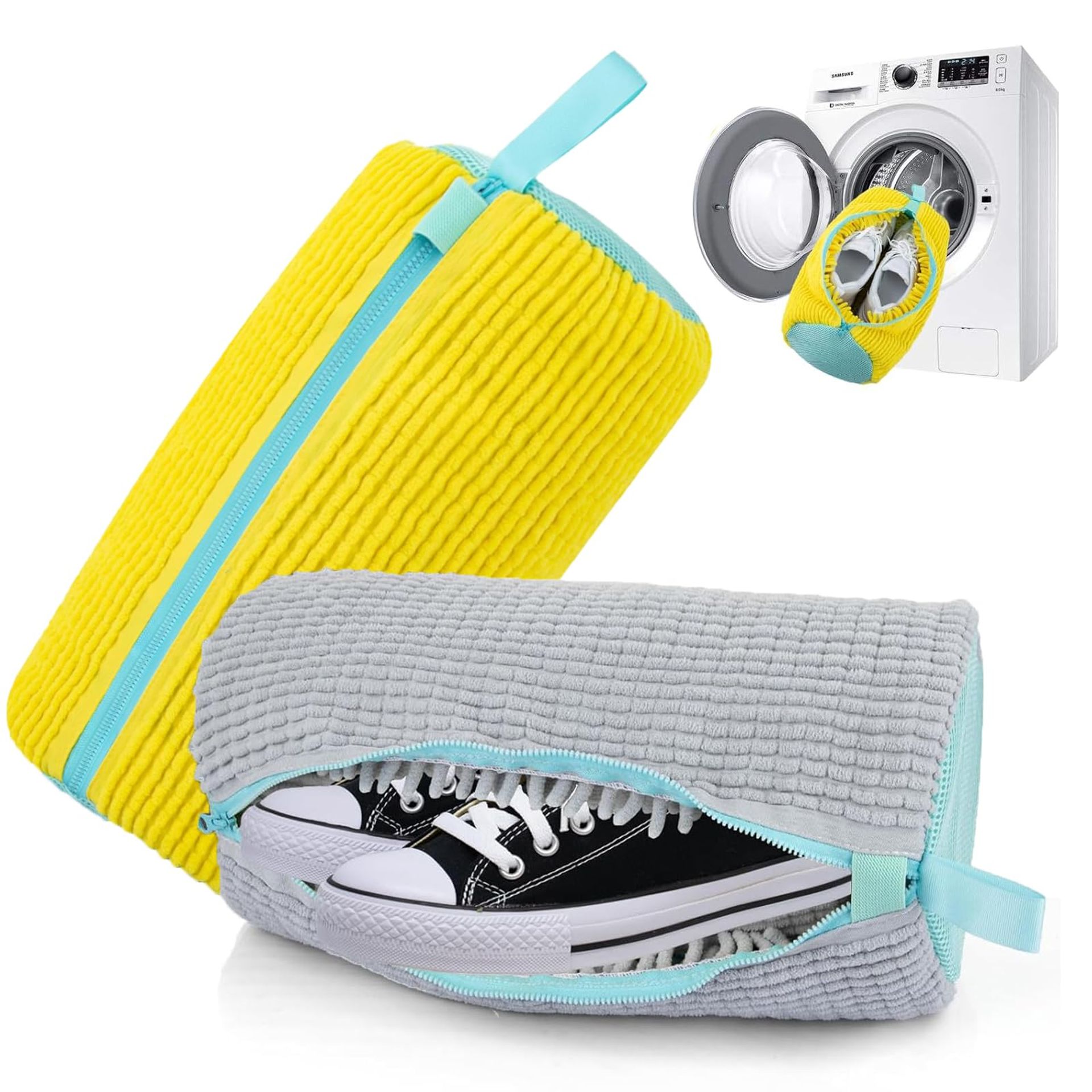 Reusable Shoe Washing Machine Bag for Trainers & Delicates, Easy Drying, Protects Shoes, Yellow & Grey