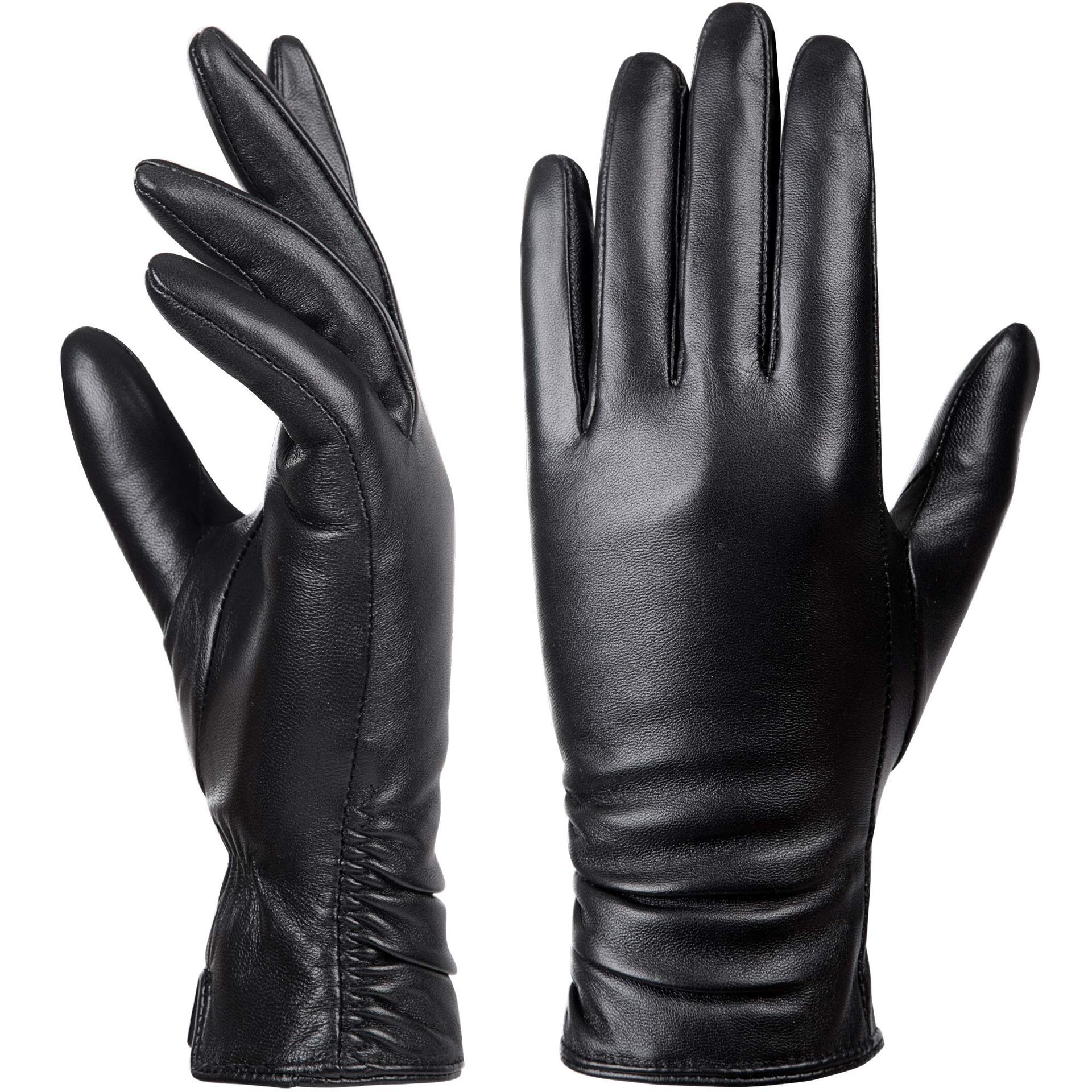 Women's Winter Leather Touchscreen Driving Gloves 100% Lambskin Warm Fleece Lined - Black S