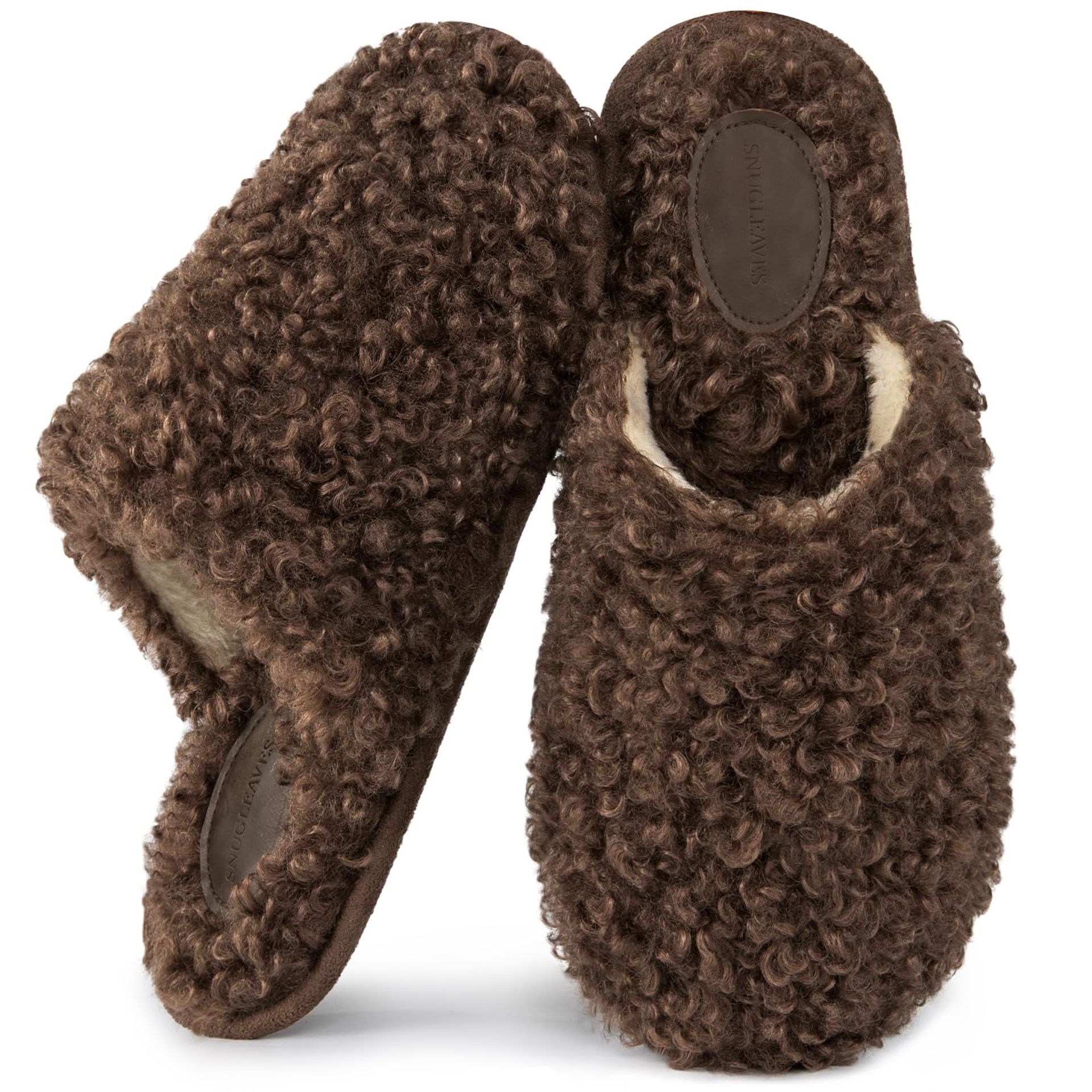 Snug Leaves Women's Furry Scuff Slippers, Curly Faux Wool, Nutty Mocha, UK 5-6