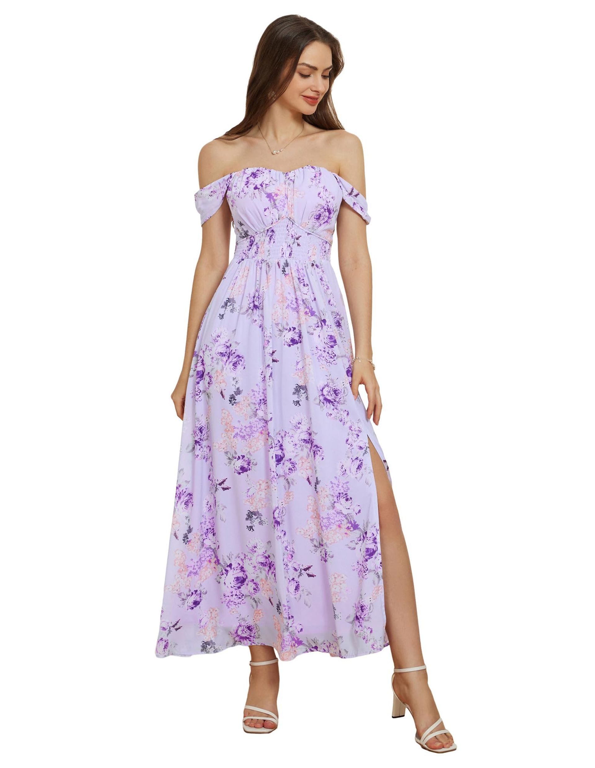 GRACE KARIN Women Summer Floral Maxi Dress Off-Shoulder Chiffon A Line St